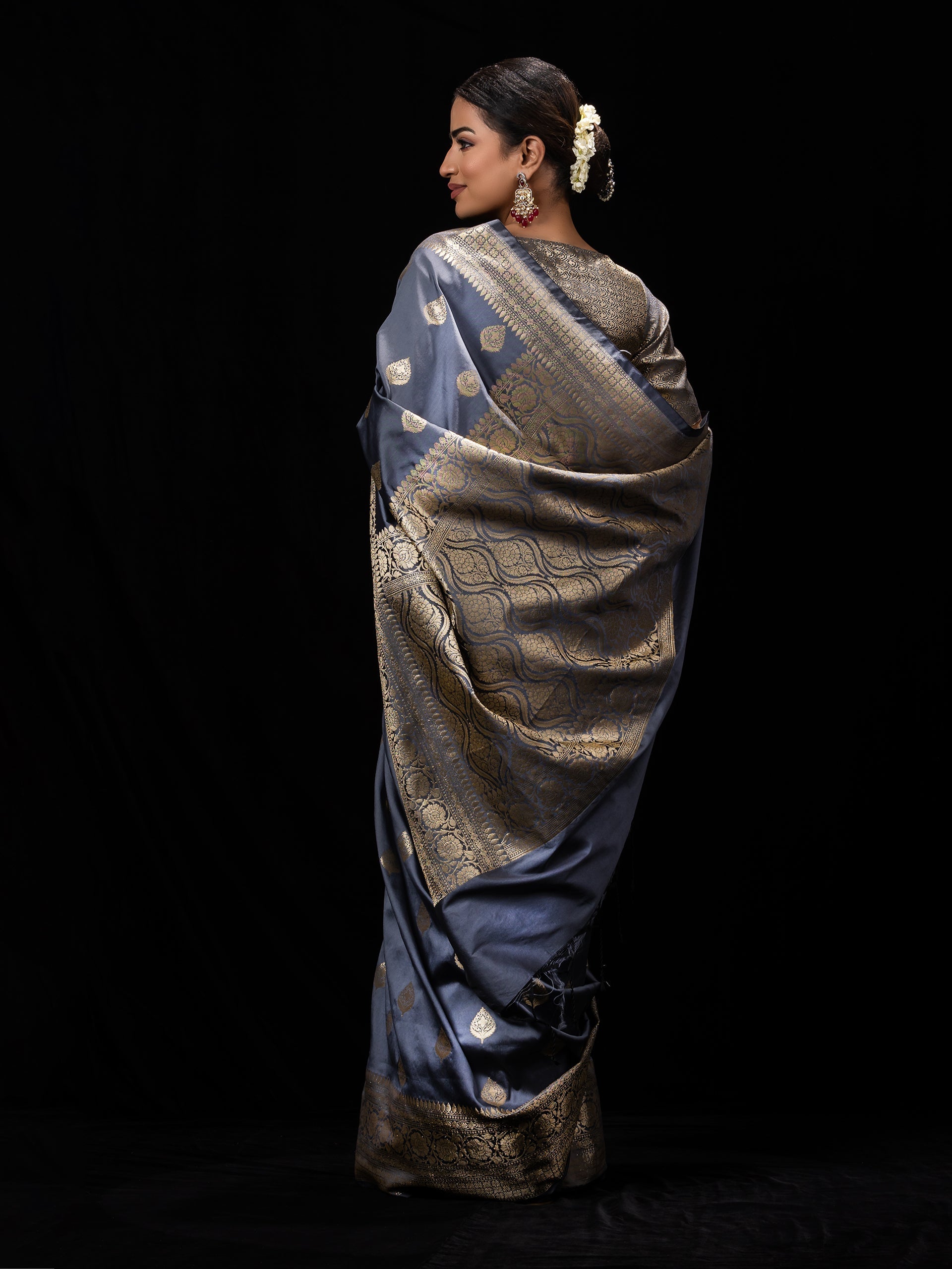 Grey Golden Leaf Muga Silk Saree with Blouse Fabric