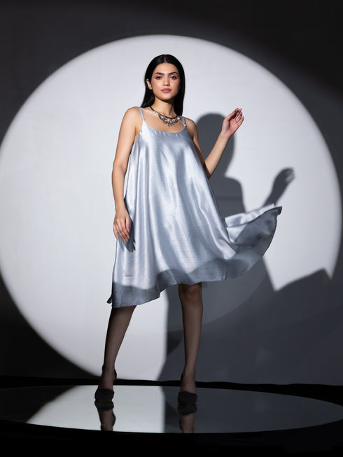 Women's Grey Stripe Satin Dress with Pants and Organza Chiffon Dupatta 3 Piece Set | Straight Fit, Round Neck, Sleeveless, Pants, Partywear, (Satin Chiffon)
