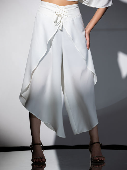 Women's Bree Cream Crepe Co-Ordinate Set with Gold Triangle Lace and Overlap Dhoti 2 Piece Set | Straight Fit, Round Neck, 3/4 Sleeves, Dhoti Pants, Festive Wear, (Crepe)