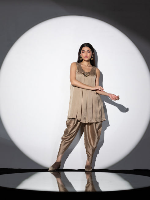 Women's Peanut Please Box Pleat Top Set with Glass Patch and Dhoti Pants 2 Piece Set | Straight Fit, Round Neck, Sleeveless, Dhoti Pants, Festive Wear, (Satin)