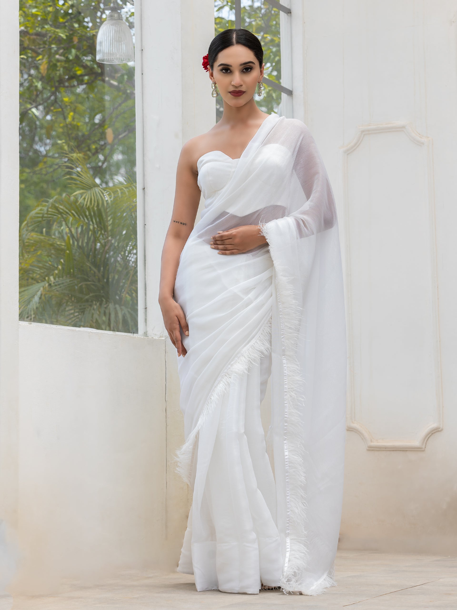 Gala Ready White Shimmer Saree with Faux Feathers and Blouse Fabric