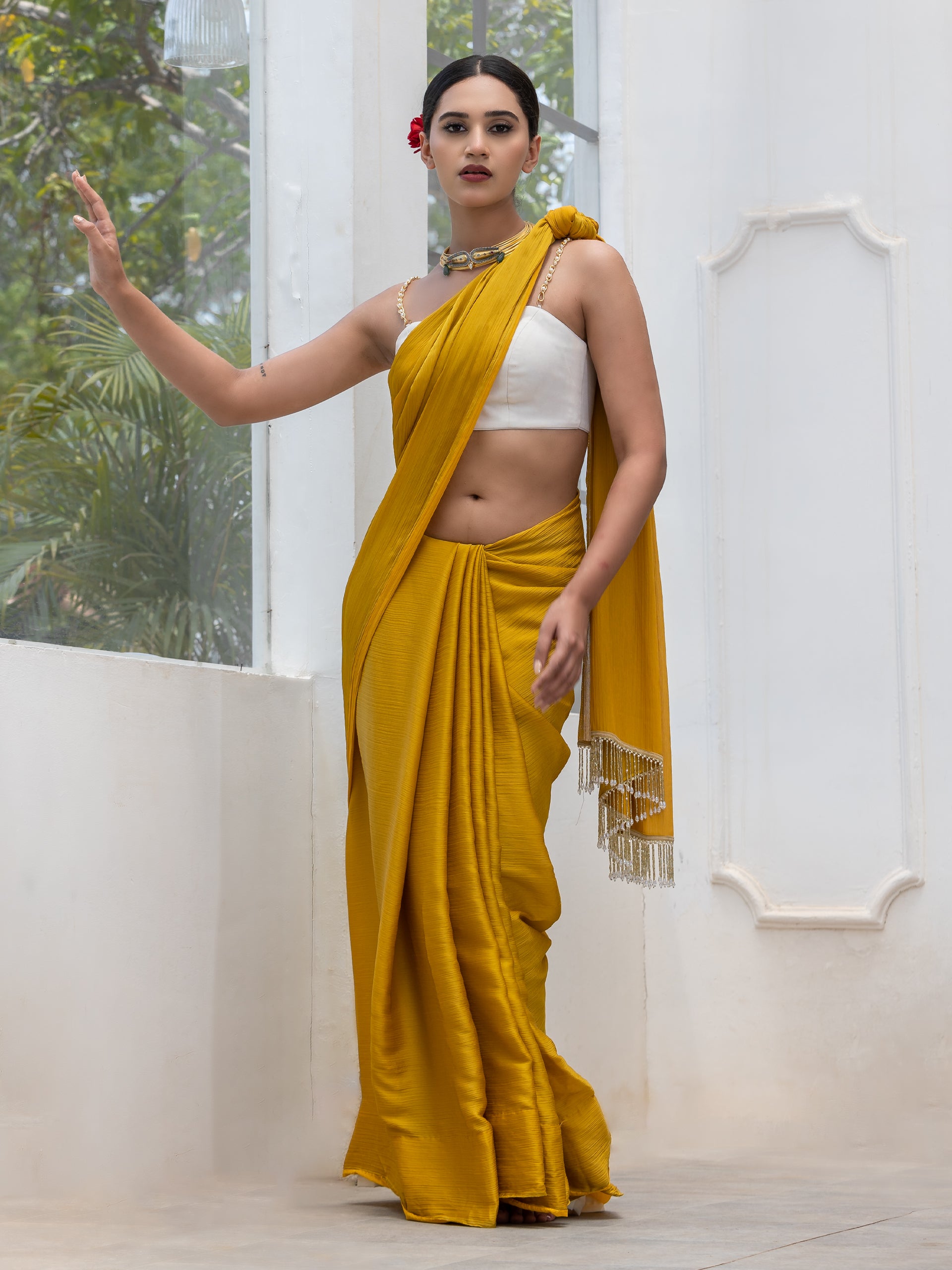 Canary mustard pure chiffon dual shade saree with blouse fabric — view 5