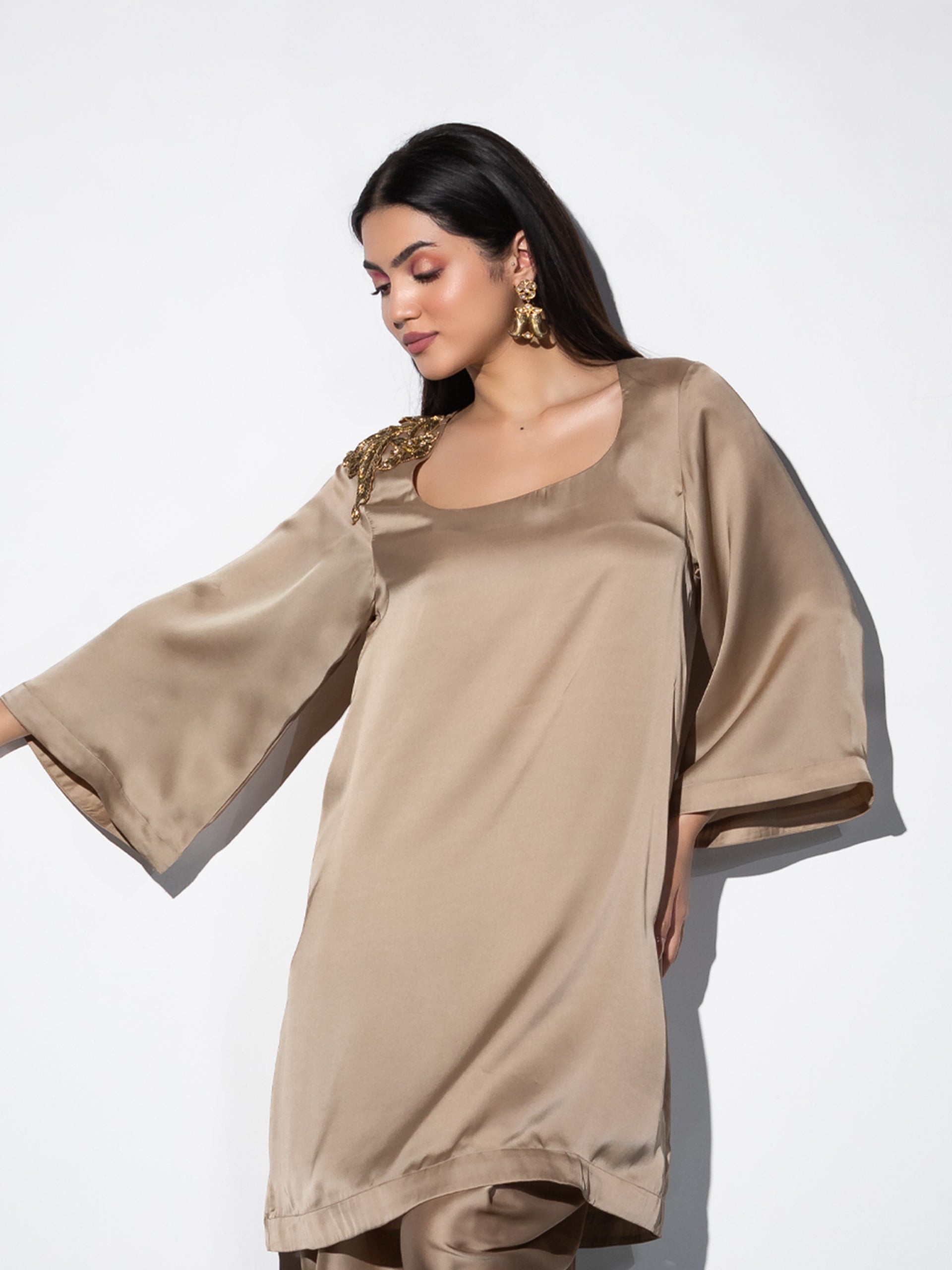 Women's Peanut Satin Short Kurta with Embellished Gold Patch on Shoulder 1 Piece | Straight Fit, U Neck, Full Sleeves, Festive Wear, (Satin)