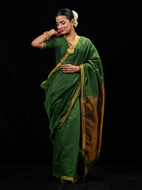 Green & Bronze Cotton Silk Saree with Blouse Fabric