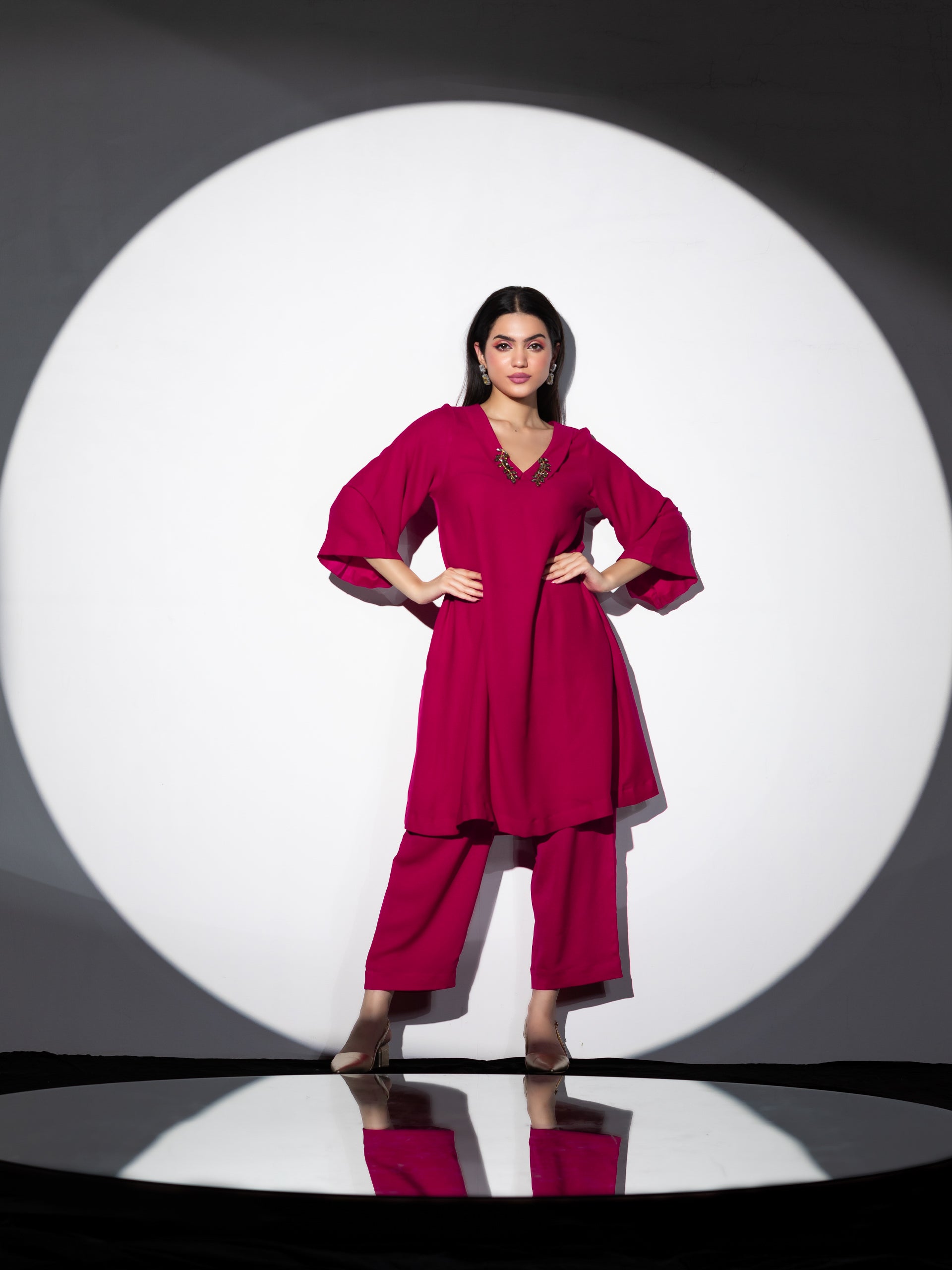 Women's Power Pink Korean Fabric Kurta Set with Glass Beads on Collar and Pants 2 Piece Set | Straight Fit, V Neck, 3/4 Sleeves, Pants, Festive Wear, (Korean Fabric)