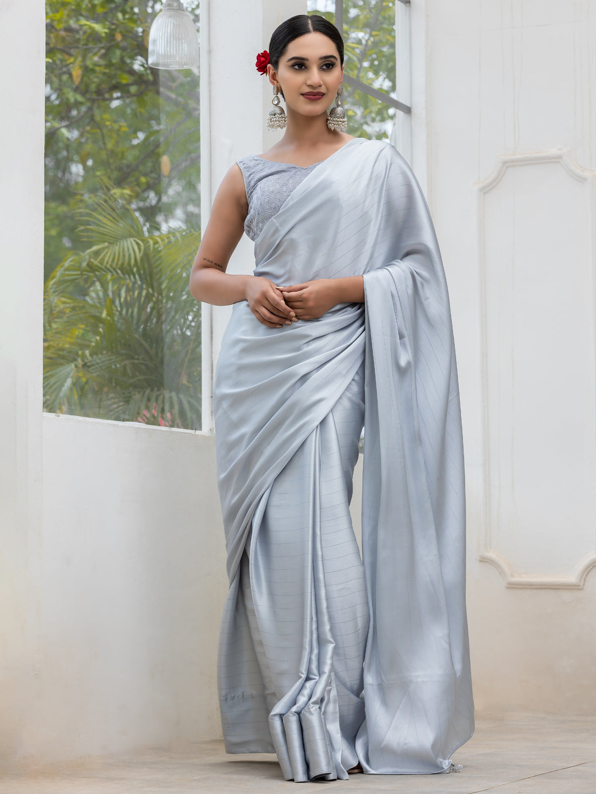 Ice grey stripe satin saree with embroidered blouse fabric — view 4