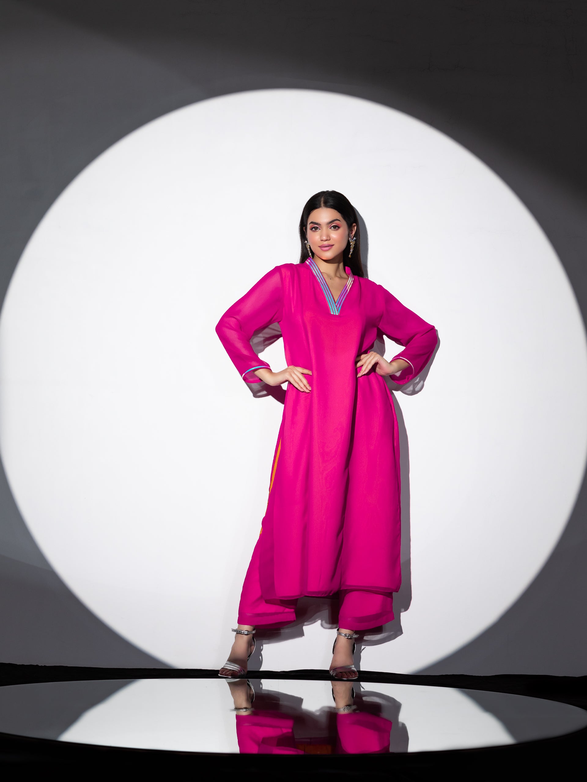 Women's Pink & Yellow Surprise Georgette Kurta Set with Contrast Inner Lining and Pants 2 Piece Set | A-Line, V Neck, Full Sleeves, Pants, Work wear, Festive Wear, (Georgette)
