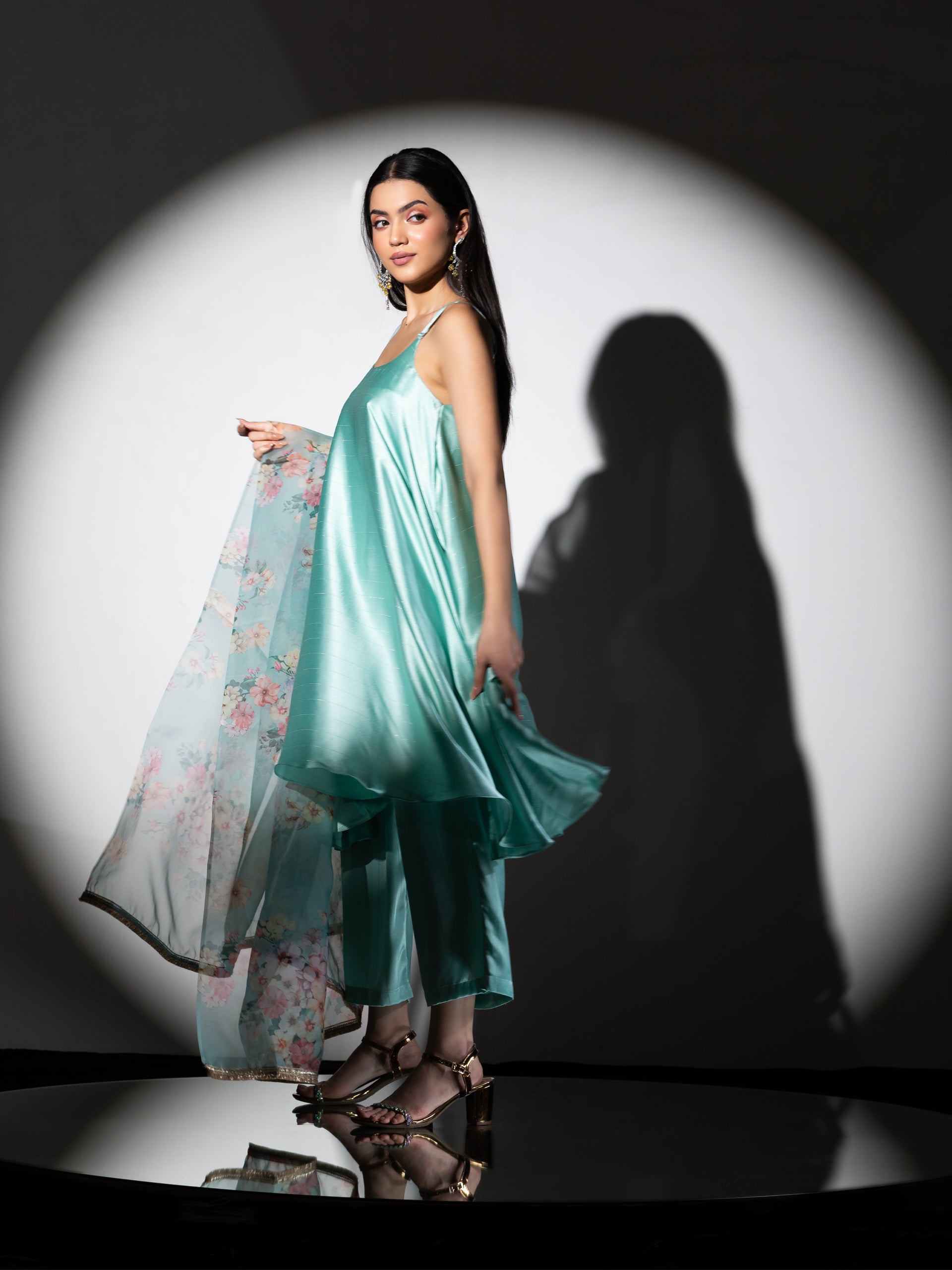 Women's Mint Stripe Satin Dress Set with Pants and Organza Printed Dupatta with Lace 3 Piece Set | Straight Fit, Round Neck, Sleeveless, Pants, Partywear, (Satin Organza)