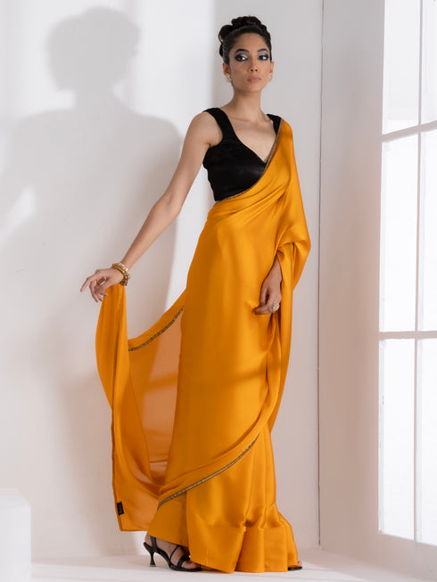 Golden Mustard Satin Saree with Lace