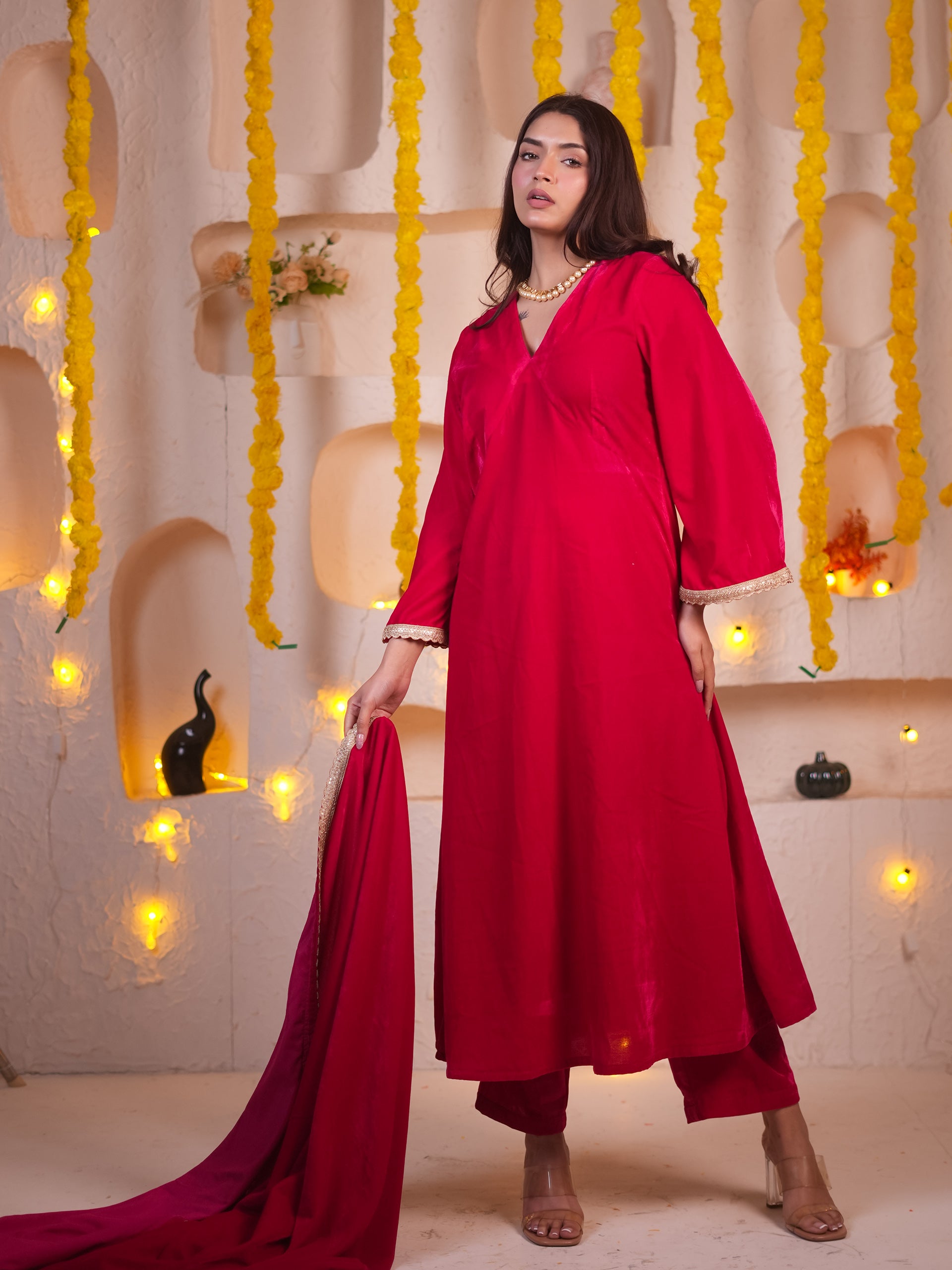 Women's Pink Velvet Kurta with Pants and Lace Dupatta 3 Piece Set | Straight Fit, V Neck, Full Sleeves, Pants, Festive Wear, (Velvet)