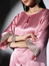 Women's Vision in Pink Satin Set with Gold Triangle on Sleeves and Easy Pants 2 Piece Set | Straight Fit, Round Neck, 3/4 Sleeves, Pants, Festive Wear, (Satin)