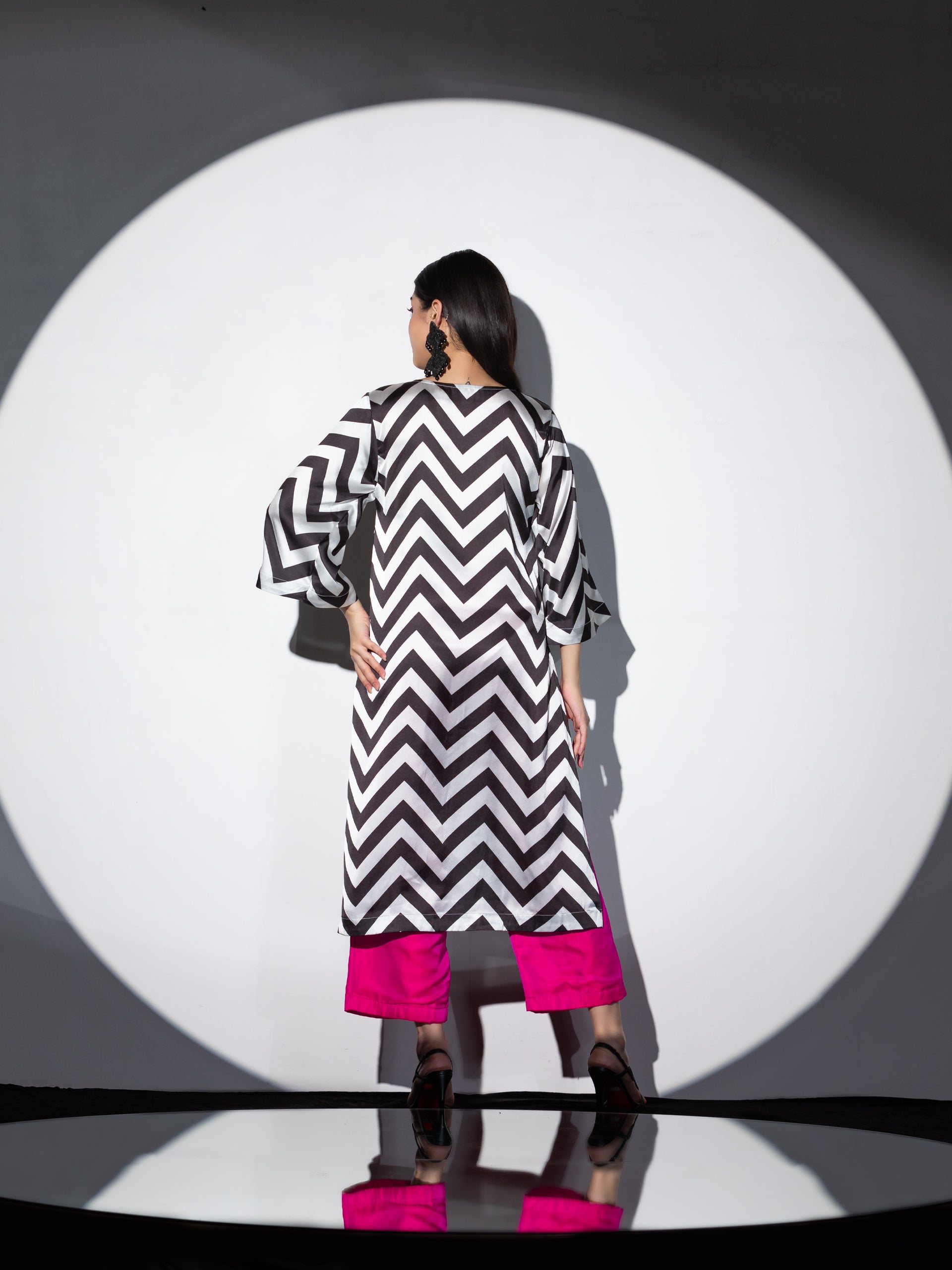 Women's Black and White Chevron Satin Kurta with Center Black Beaded Lace 1 Piece | A-Line, V Neck, Full Sleeves,Casual Wear, Festive Wear, (Satin)
