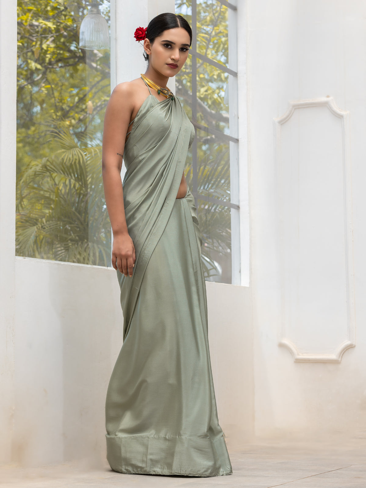 Sage crepe saree with silver pendants and blouse fabric — view 5