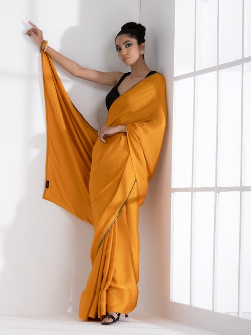 Golden Mustard Satin Saree with Lace