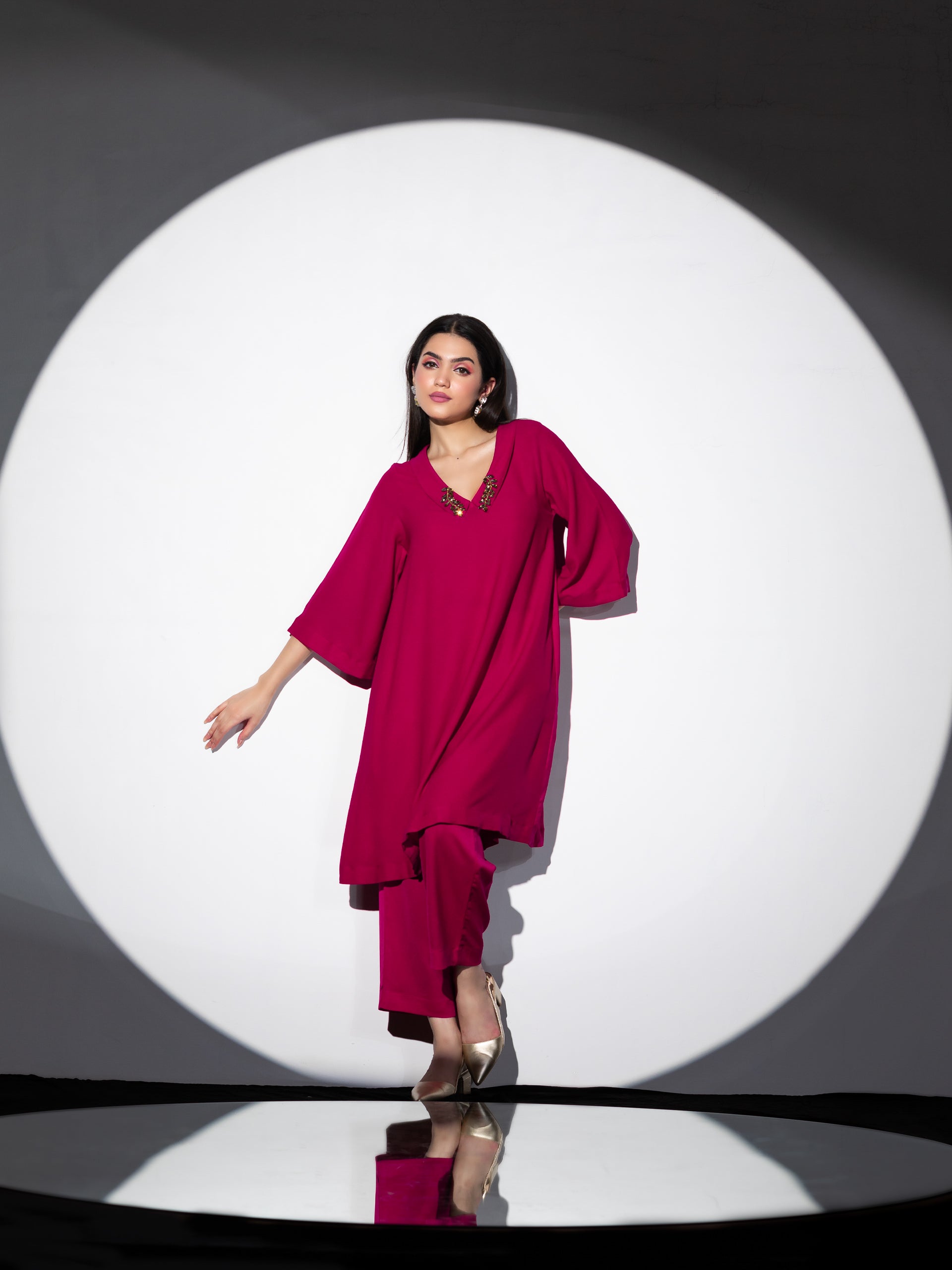 Women's Power Pink Korean Fabric Kurta Set with Glass Beads on Collar and Pants 2 Piece Set | Straight Fit, V Neck, 3/4 Sleeves, Pants, Festive Wear, (Korean Fabric)