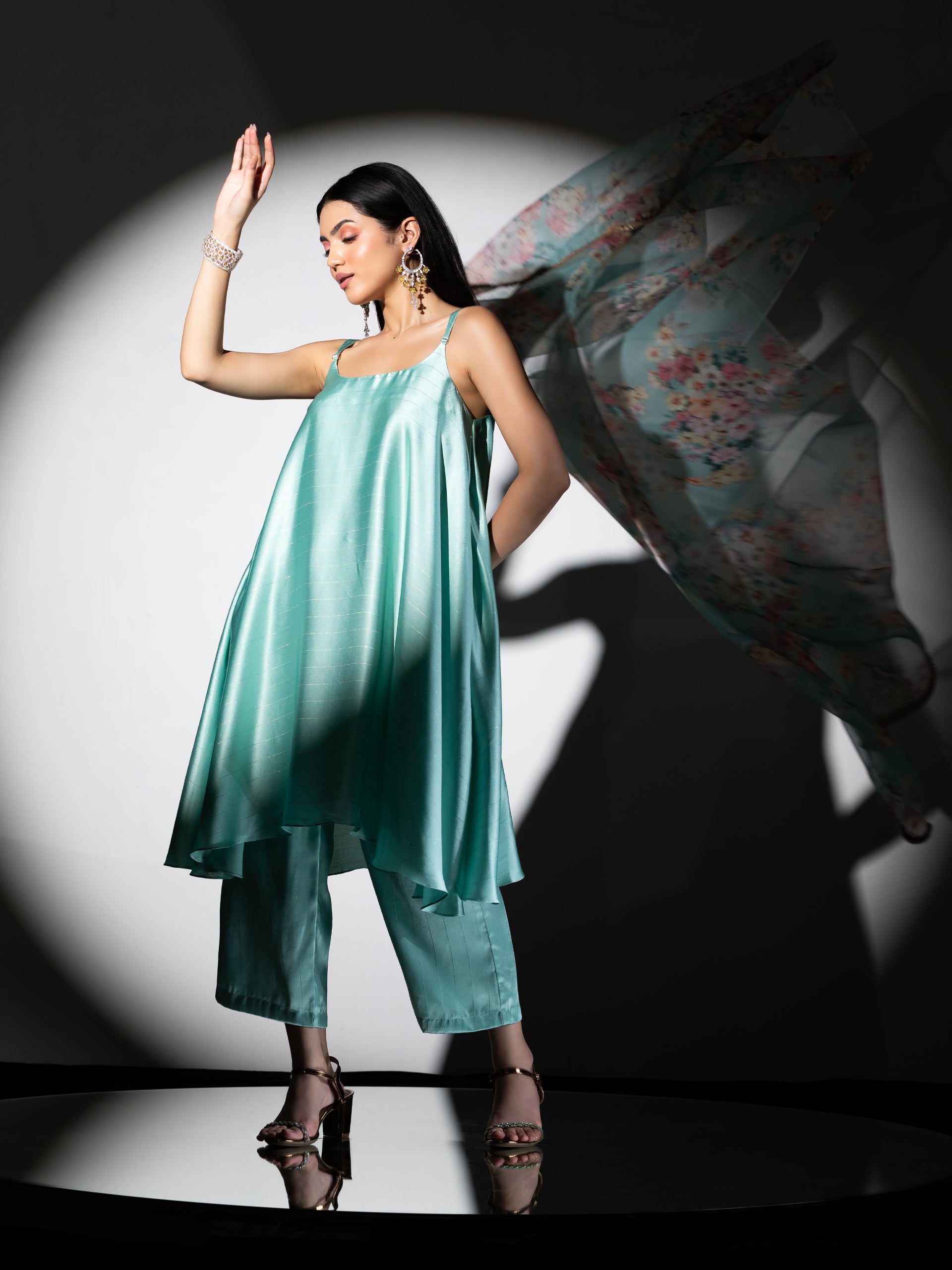 Women's Mint Stripe Satin Dress Set with Pants and Organza Printed Dupatta with Lace 3 Piece Set | Straight Fit, Round Neck, Sleeveless, Pants, Partywear, (Satin Organza)