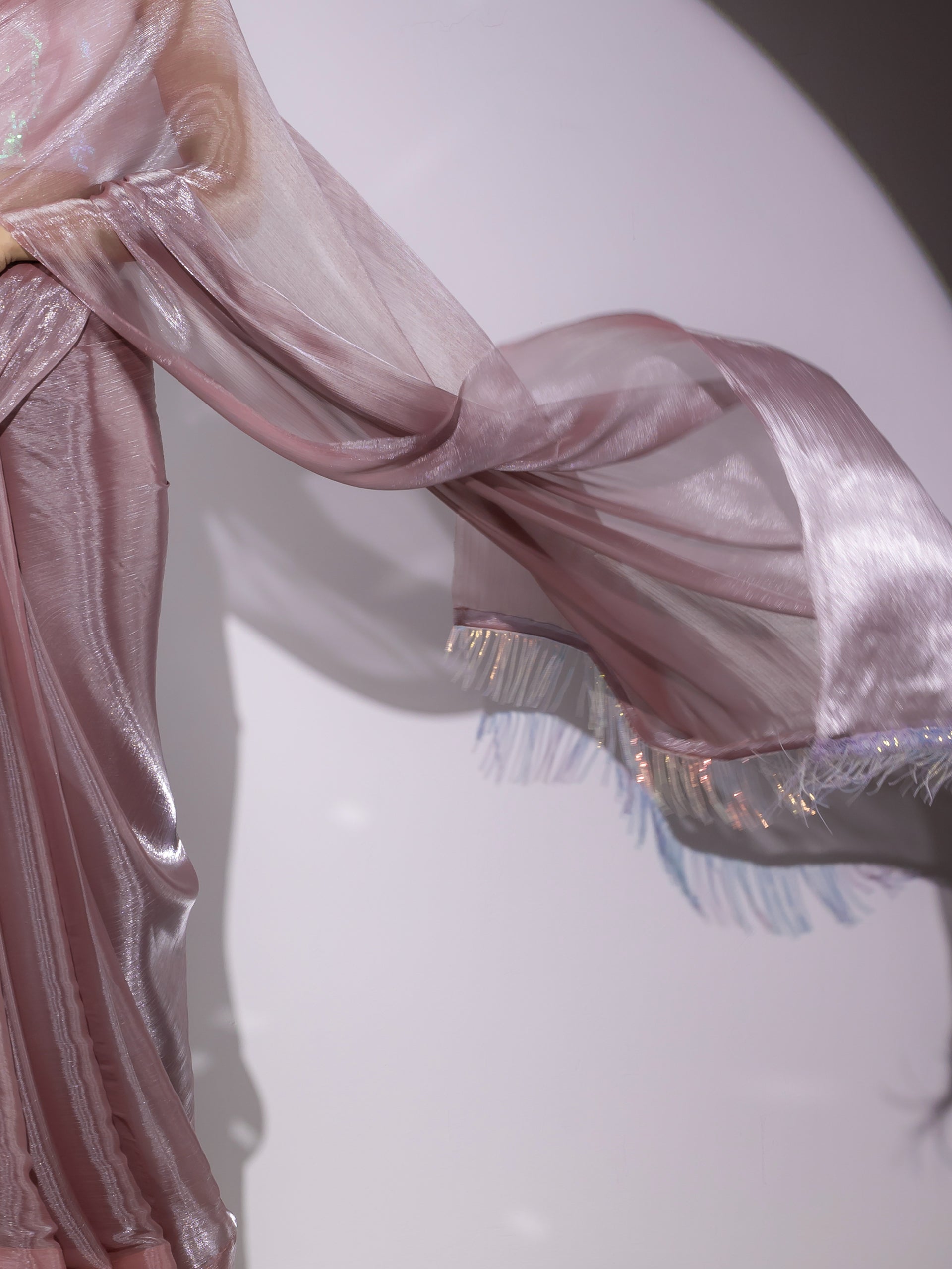 Rosy Cloud Organza Satin Saree with Long Iridescent Lace