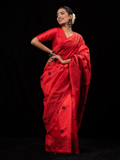Red Cotton Saree with Black Hand Kantha stitch