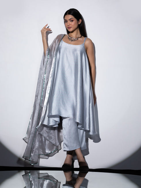 Women's Grey Stripe Satin Dress with Pants and Organza Chiffon Dupatta 3 Piece Set | Straight Fit, Round Neck, Sleeveless, Pants, Partywear, (Satin Chiffon)