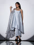 Women's Grey Stripe Satin Dress with Pants and Organza Chiffon Dupatta 3 Piece Set | Straight Fit, Round Neck, Sleeveless, Pants, Partywear, (Satin Chiffon)