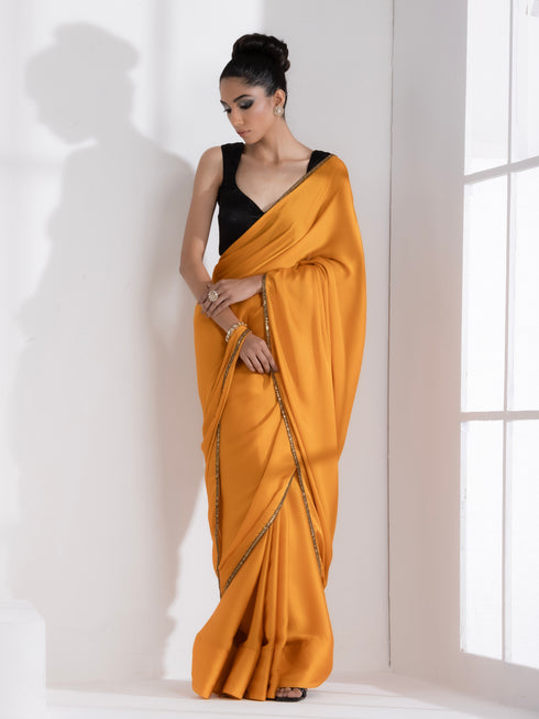 Golden Mustard Satin Saree with Lace