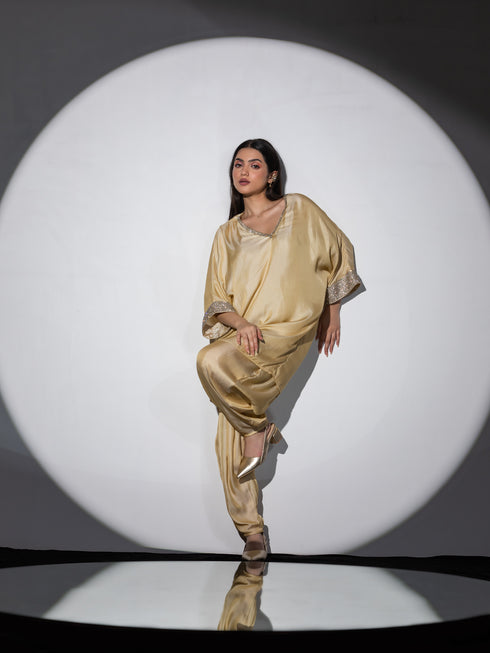Women's Dual Shade Satin Top with Diamond Lace Set with Dhoti Pants 2 Piece Set | Straight Fit, V Neck, 3/4 Sleeves, Dhoti Pants, Partywear, (Satin)