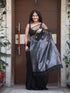 Black with silver Cotton Silk Saree With Plain Black Blouse fabric