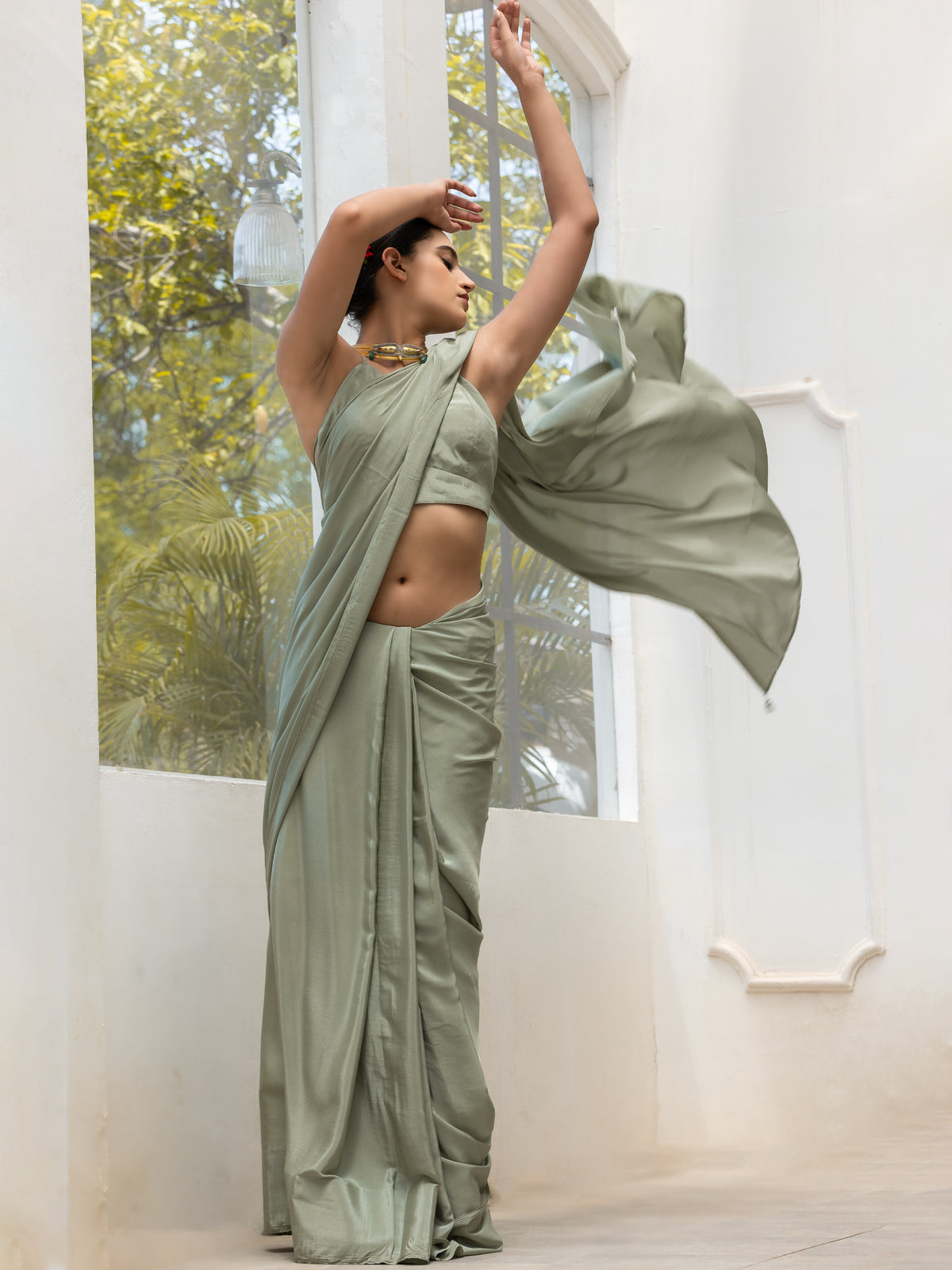 Sage crepe saree with silver pendants and blouse fabric — view 2
