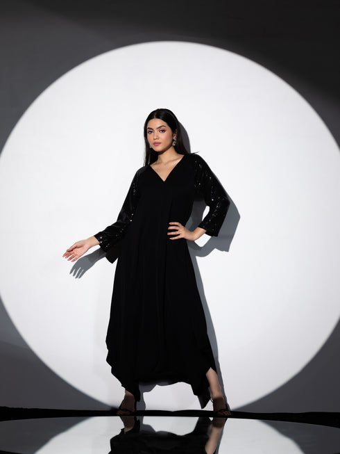 Women's Black Korean Coverall with Full Sequin Sleeves 1 Piece | Straight Fit, V Neck, Full Sleeves, Partywear, (Korean Fabric)