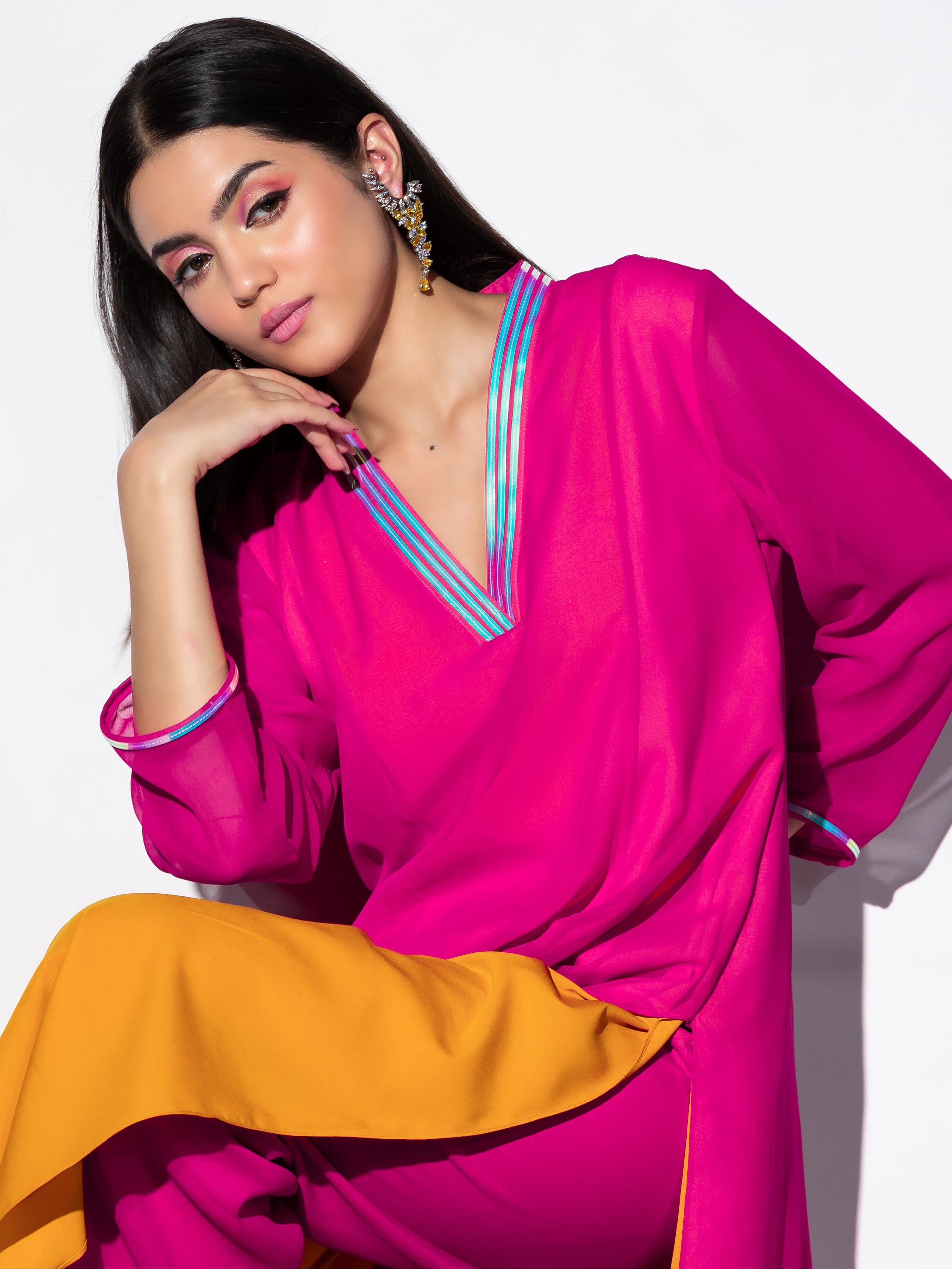 Women's Pink & Yellow Surprise Georgette Kurta Set with Contrast Inner Lining and Pants 2 Piece Set | A-Line, V Neck, Full Sleeves, Pants, Work wear, Festive Wear, (Georgette)