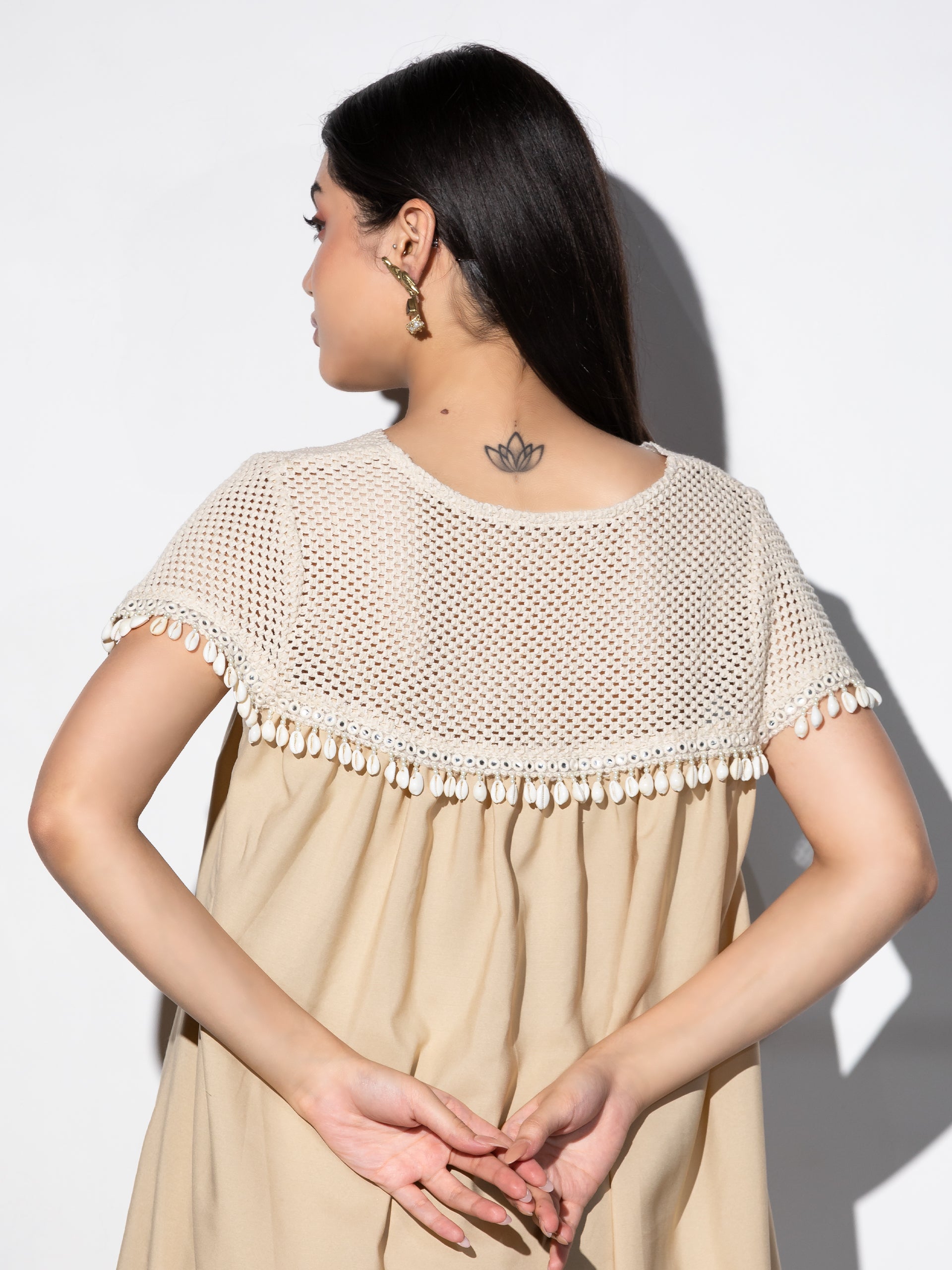 Women's Beige Crepe Top with Crochet Yoke and Cowri Lace 1 Piece | Straight Fit, V Neck, Sleeveless, Festive Wear, (Crepe)