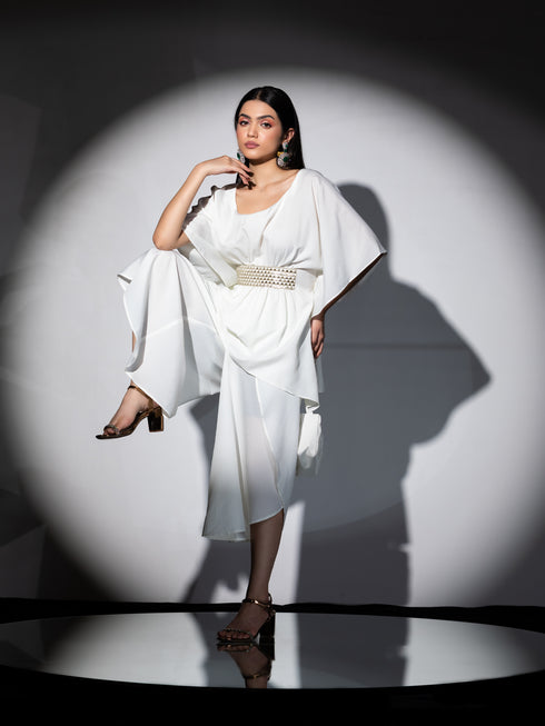 Women's Bree Cream Crepe Co-Ordinate Set with Gold Triangle Lace and Overlap Dhoti 2 Piece Set | Straight Fit, Round Neck, 3/4 Sleeves, Dhoti Pants, Festive Wear, (Crepe)