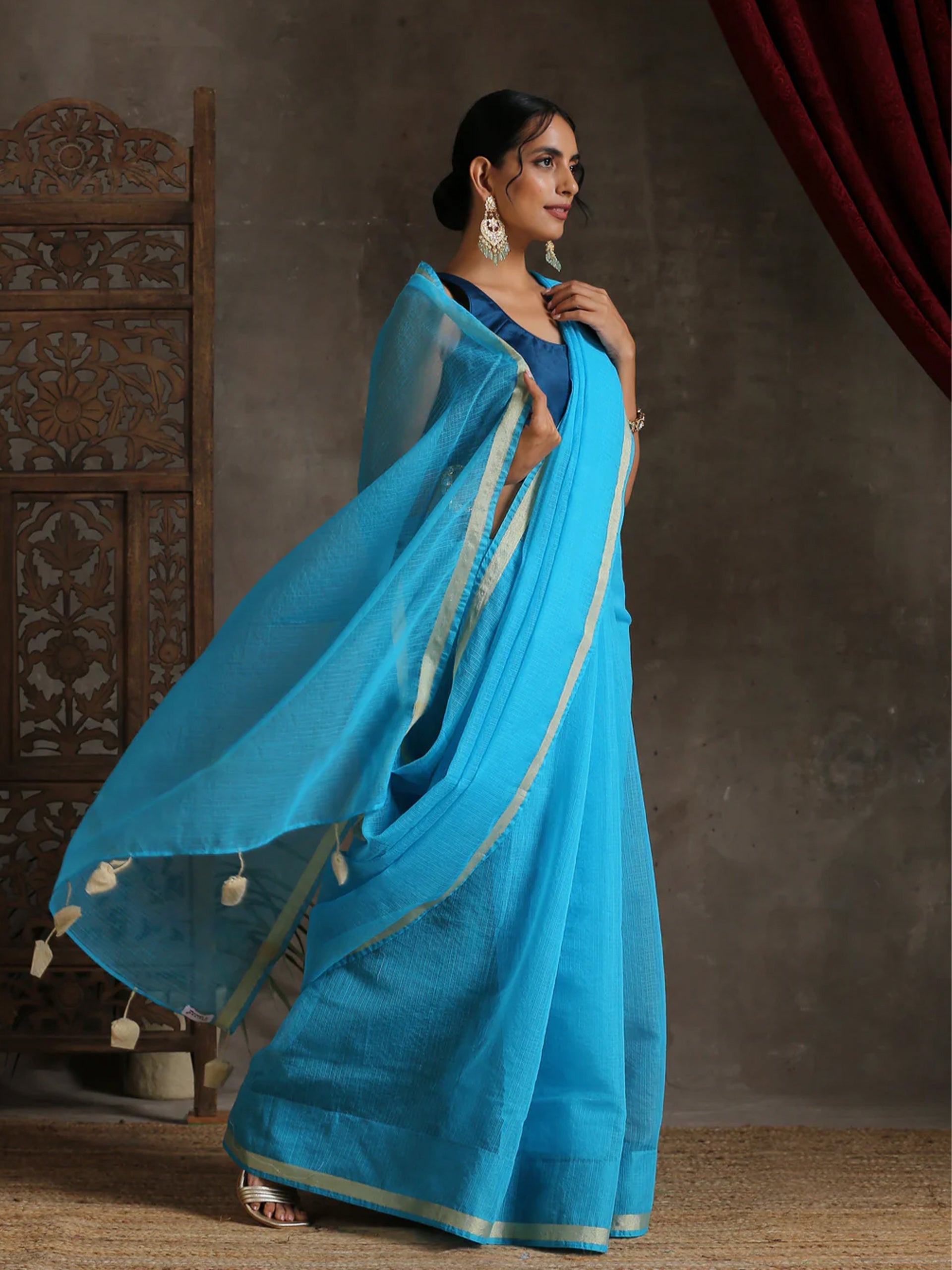 Sapphire Blue Kota Doria Saree with Border & Tassles
