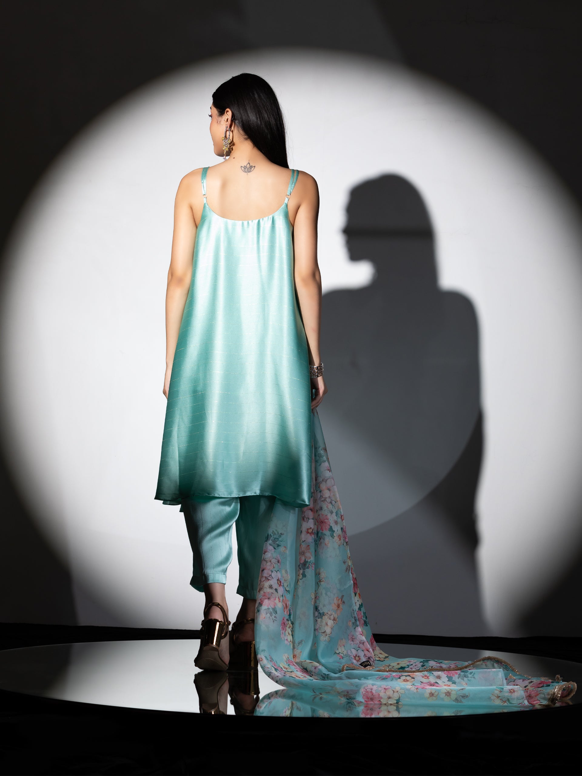 Women's Mint Stripe Satin Dress Set with Pants and Organza Printed Dupatta with Lace 3 Piece Set | Straight Fit, Round Neck, Sleeveless, Pants, Partywear, (Satin Organza)