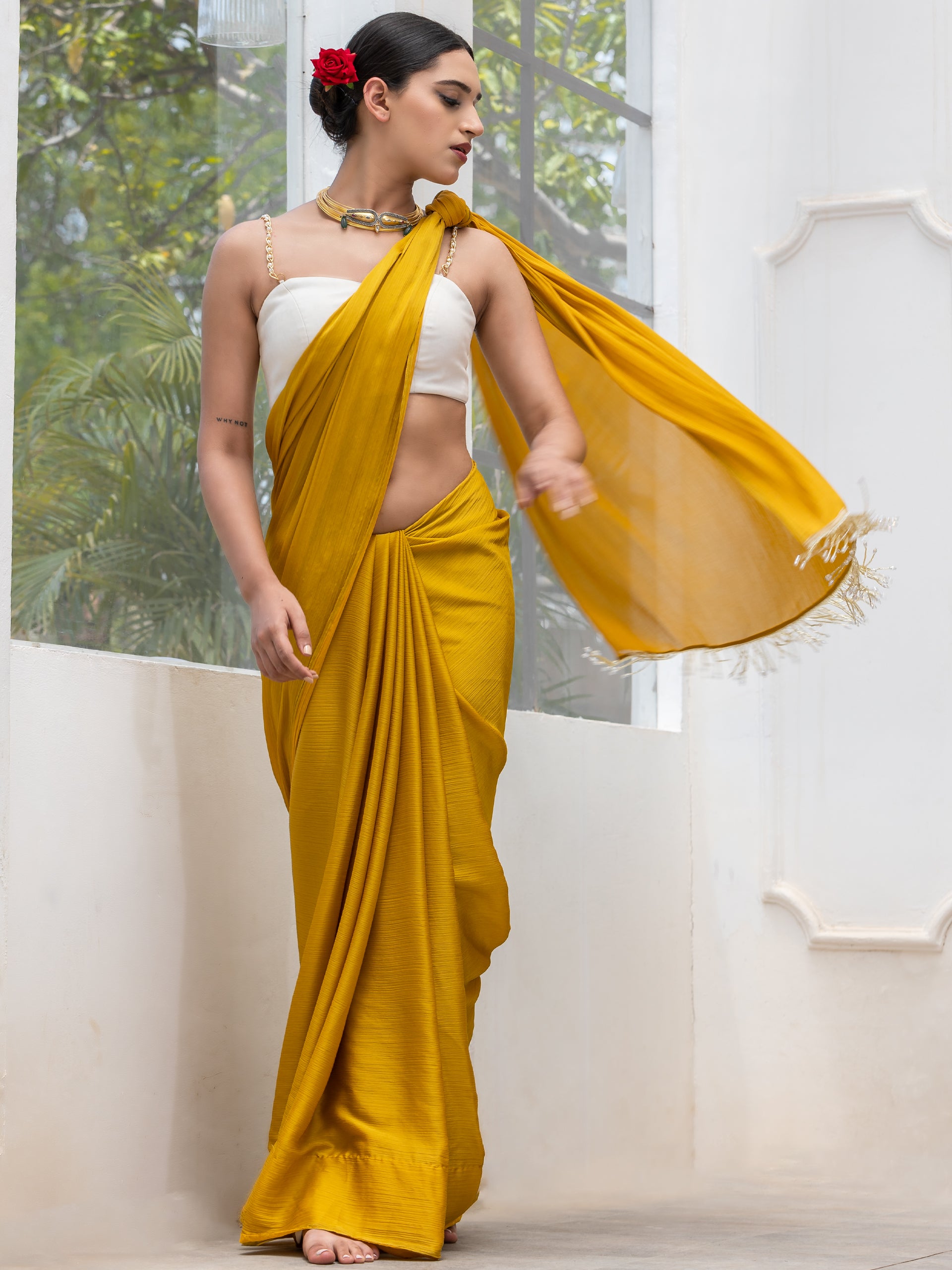 Canary mustard pure chiffon dual shade saree with blouse fabric