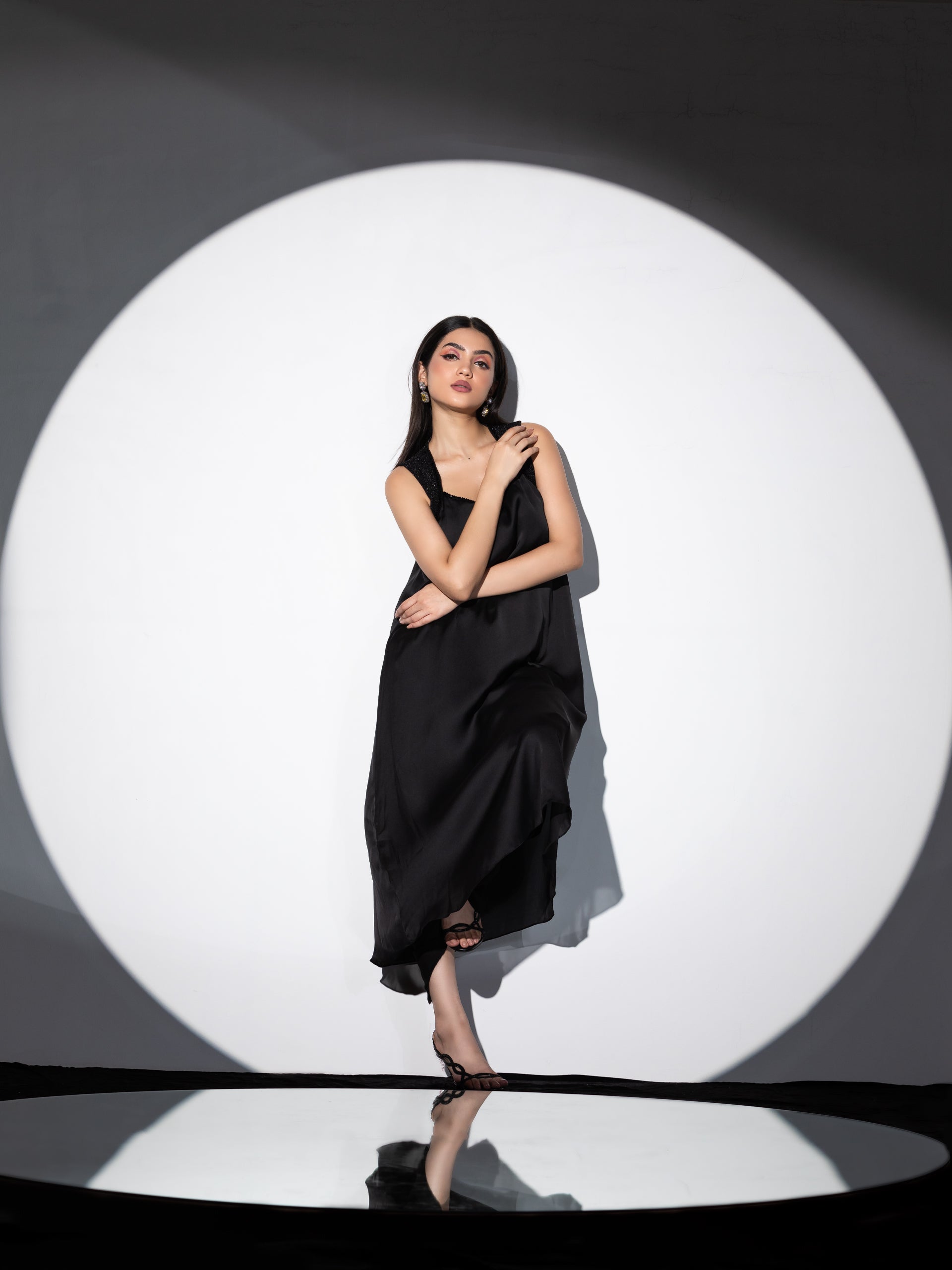 Women's Black Satin with Stretchable Top & Beads Set with Dhoti Pants, 2 Piece Set | Straight Fit, Round Neck, Sleeveless, Dhoti Pants, Partywear, (Satin)