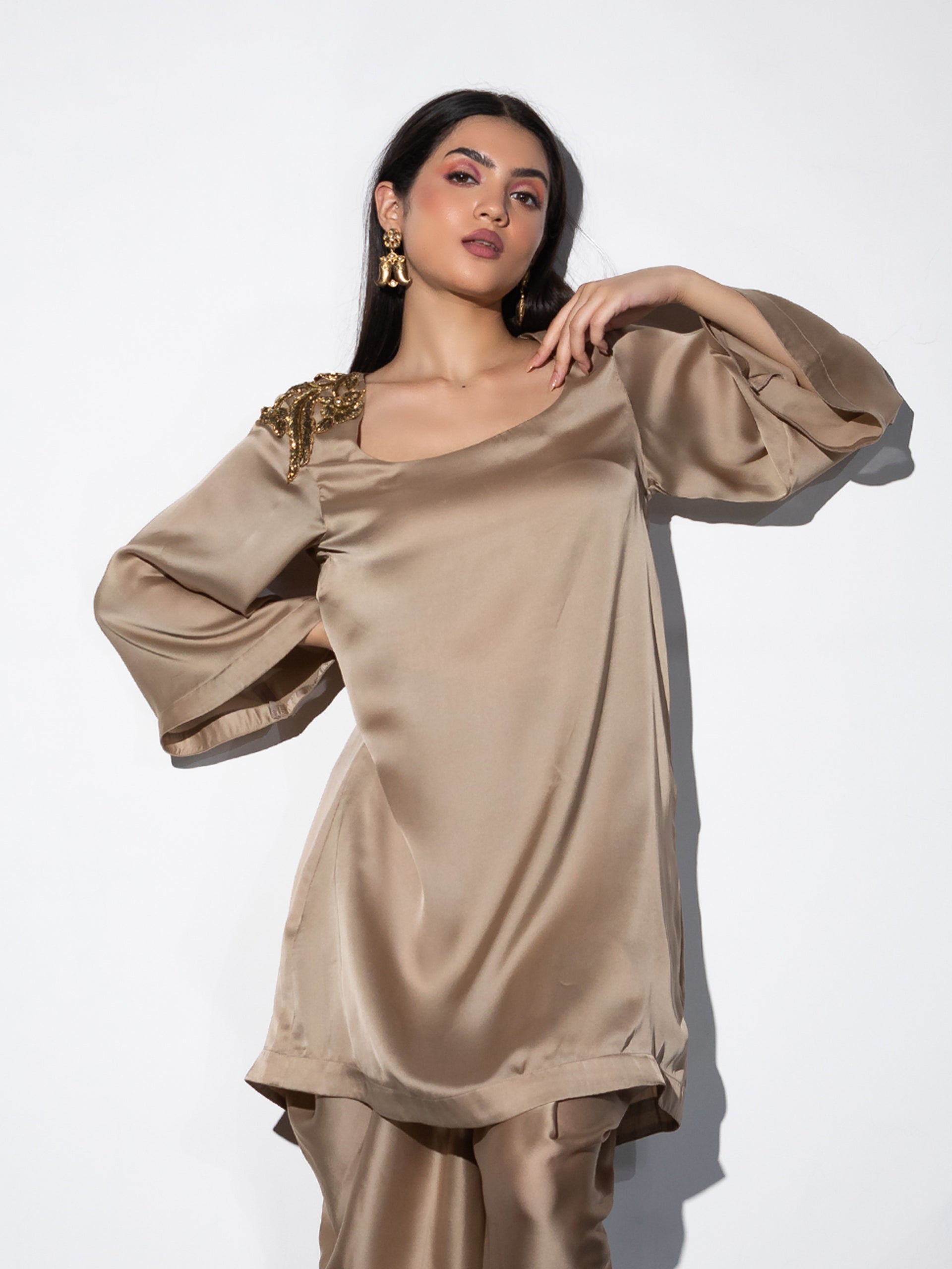 Women's Peanut Satin Short Kurta with Embellished Gold Patch on Shoulder 1 Piece | Straight Fit, U Neck, Full Sleeves, Festive Wear, (Satin)