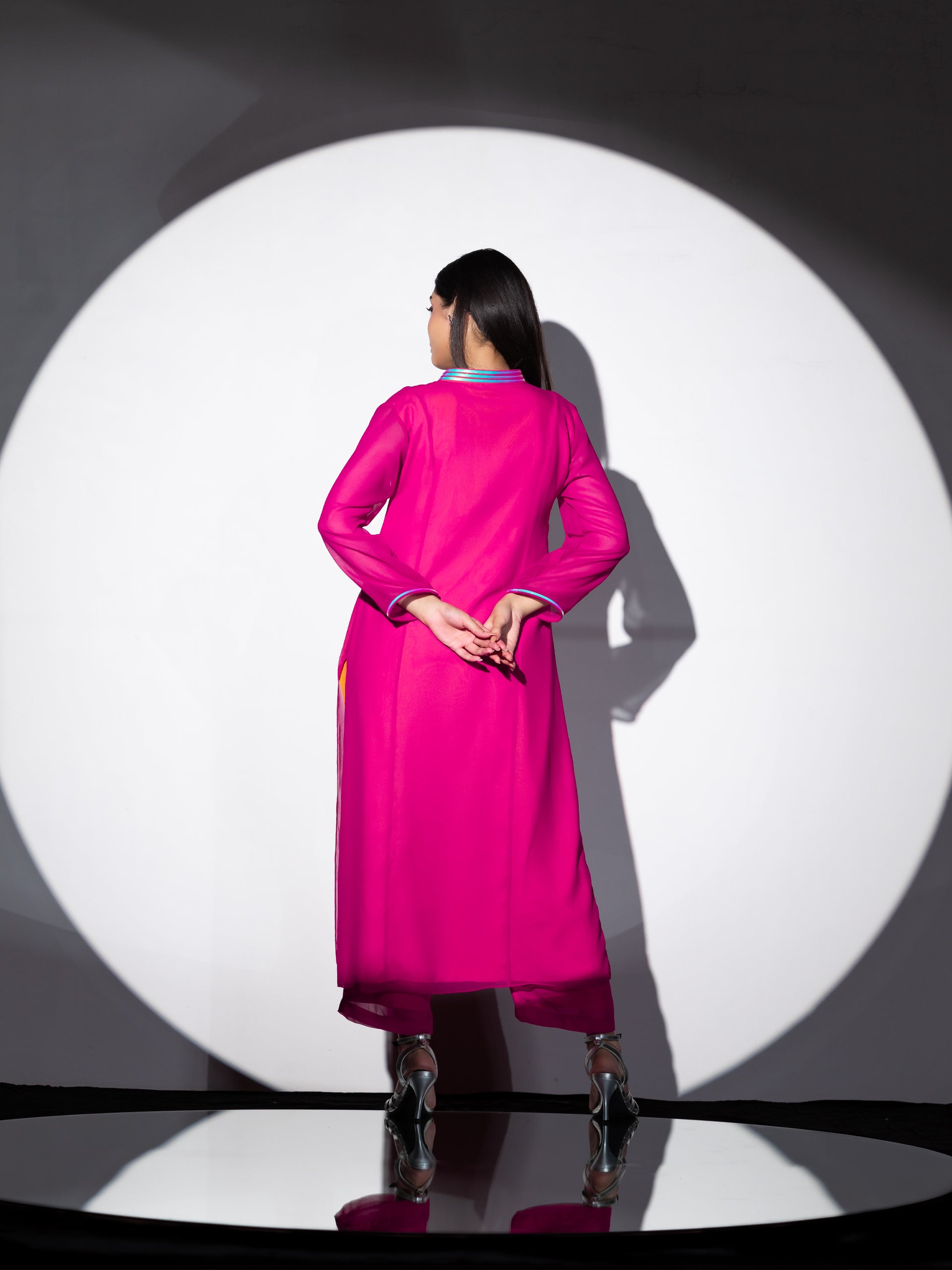 Women's Pink & Yellow Surprise Georgette Kurta Set with Contrast Inner Lining and Pants 2 Piece Set | A-Line, V Neck, Full Sleeves, Pants, Work wear, Festive Wear, (Georgette)