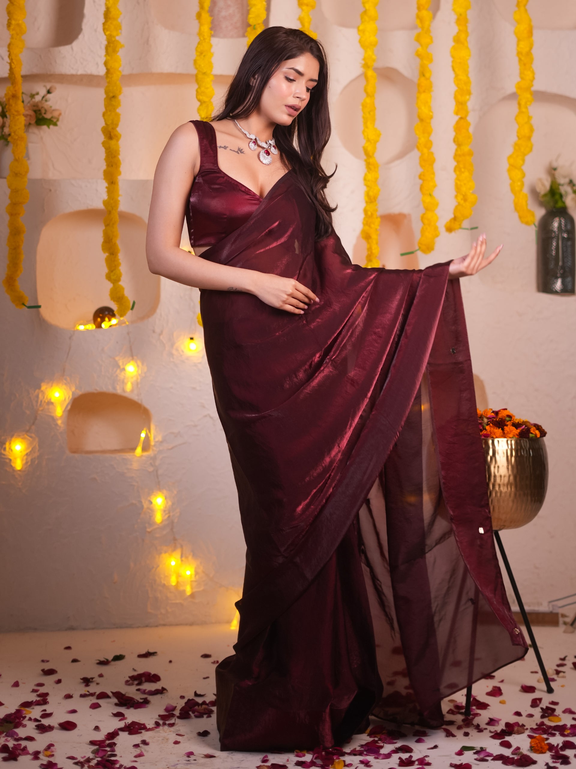 Deep Maroon Metallic Satin Saree With Bronze Sequins And Blouse Fabric
