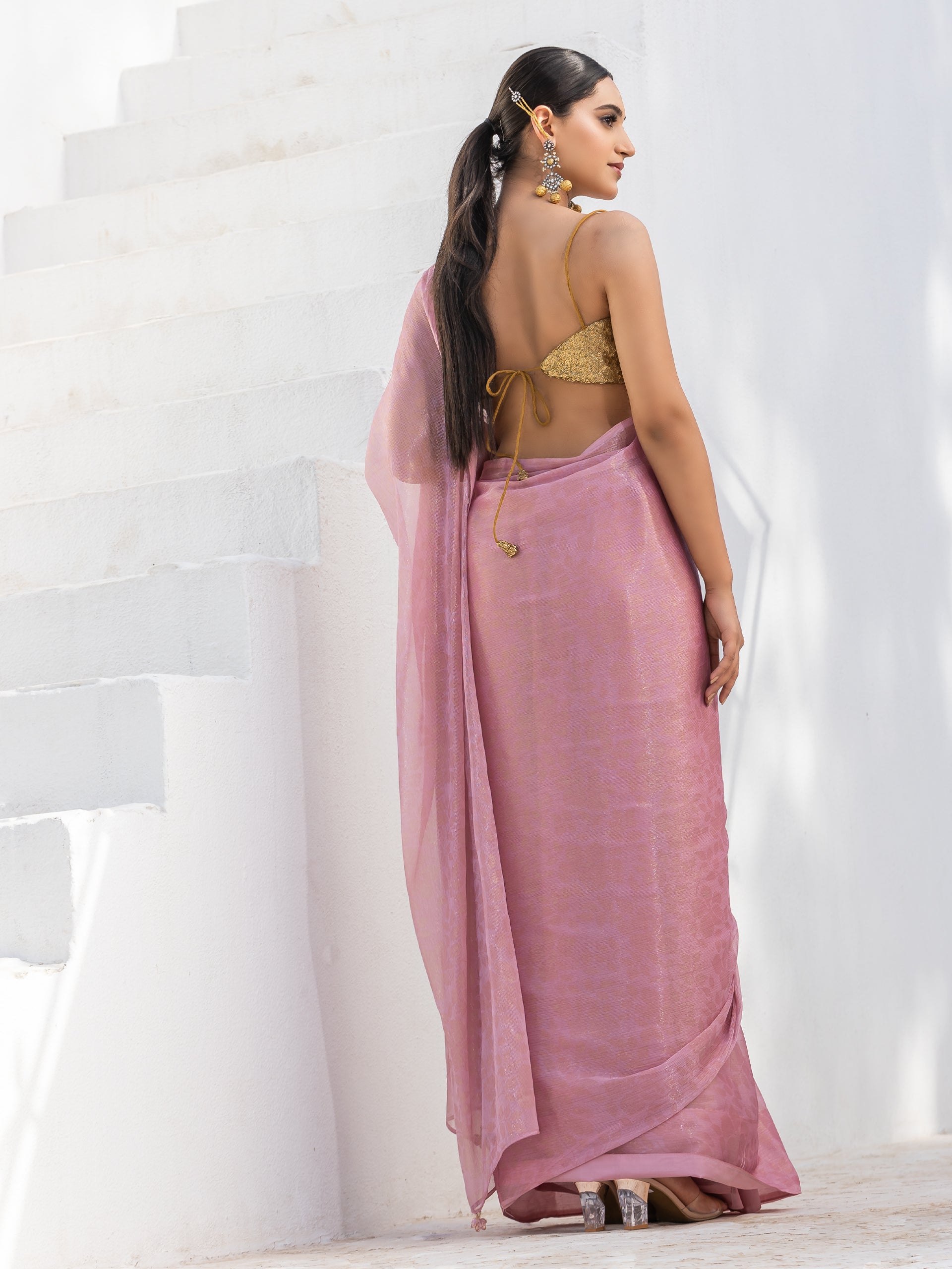 Pink with golden floral printed chiffon saree with pendants — view 6