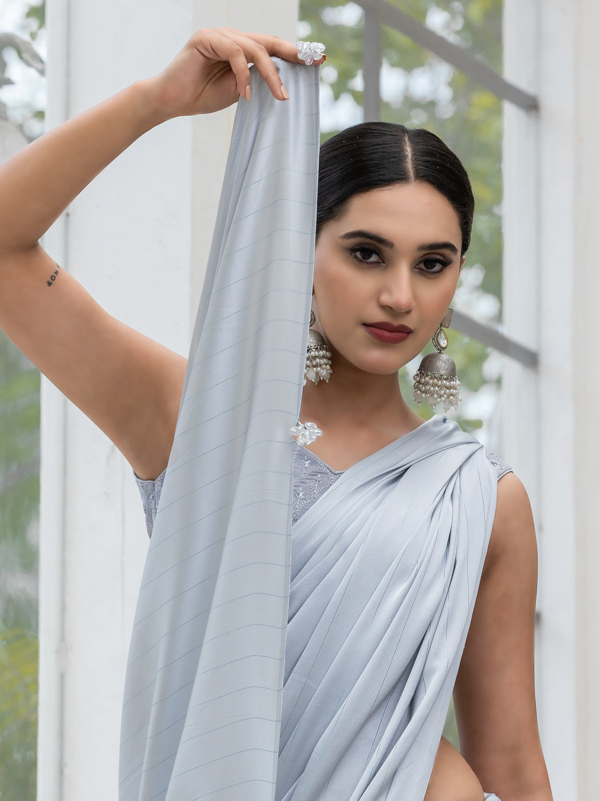 Ice grey stripe satin saree with embroidered blouse fabric — view 3