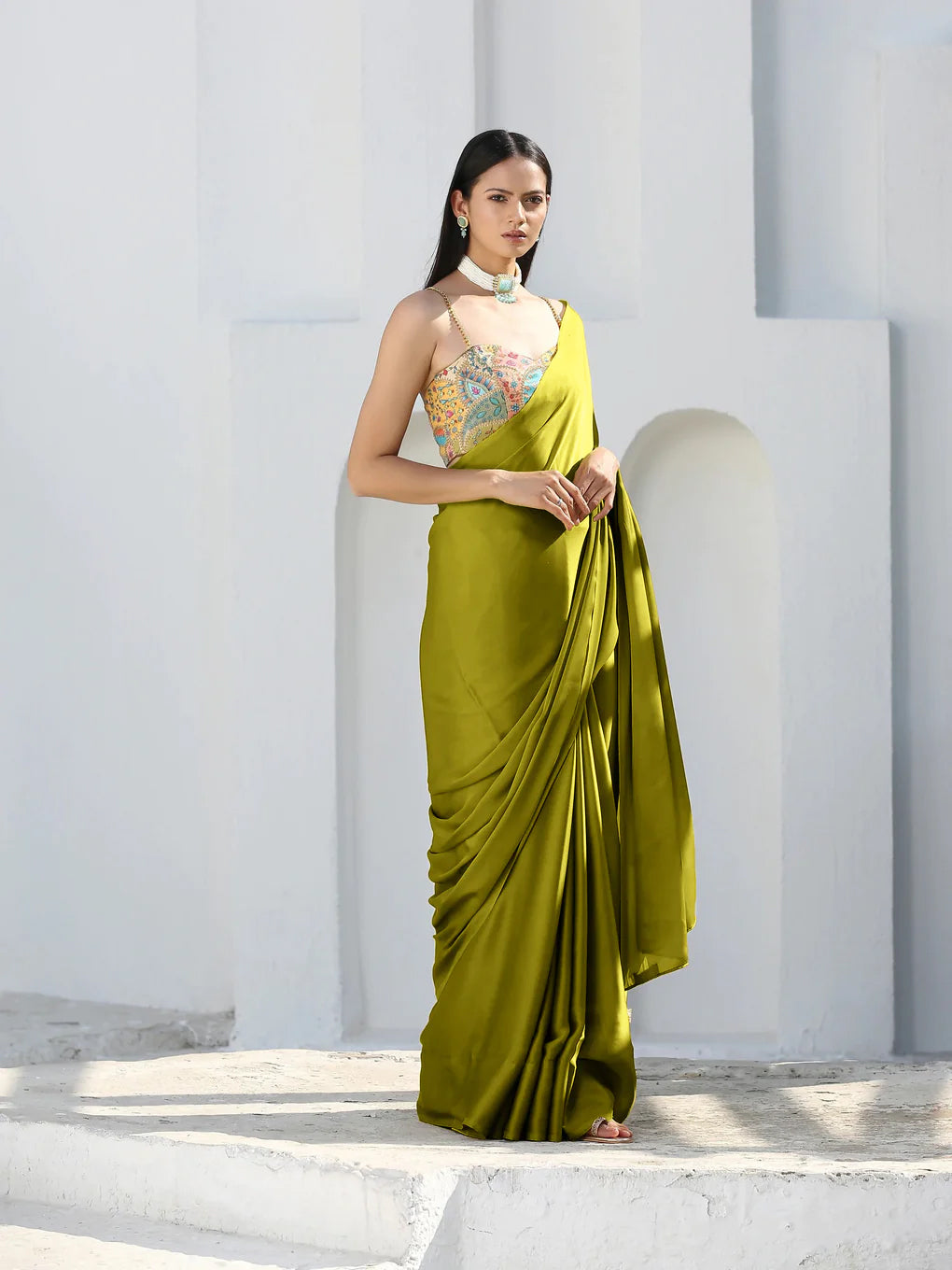 Lime satin saree with gold flat pendants — view 5