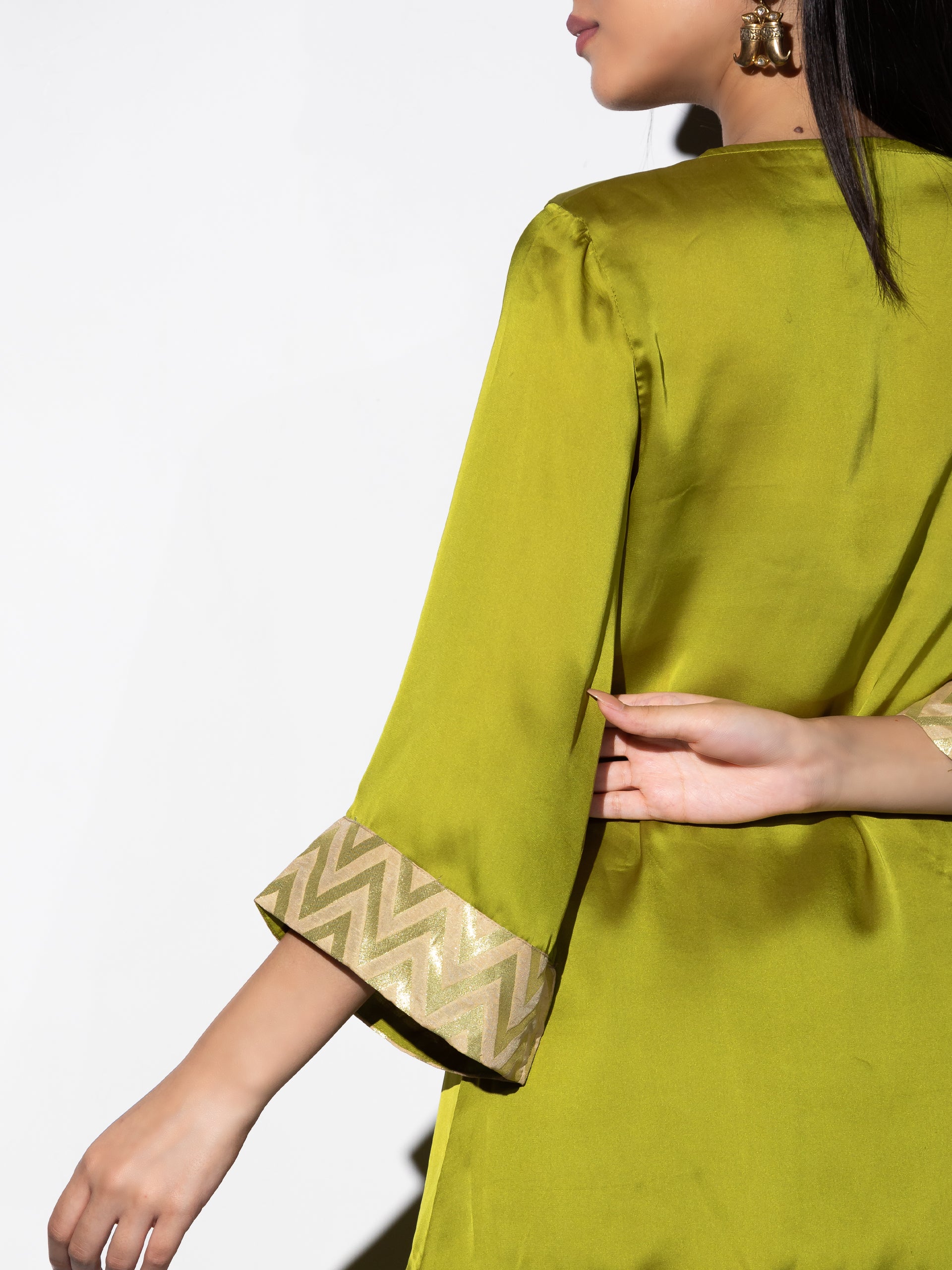Women's Lilly Lime Satin Top Set with Stylish Wrap Pants 2 Piece Set | Straight Fit, Round Neck, Full Sleeves, Pants, Partywear, (Satin)