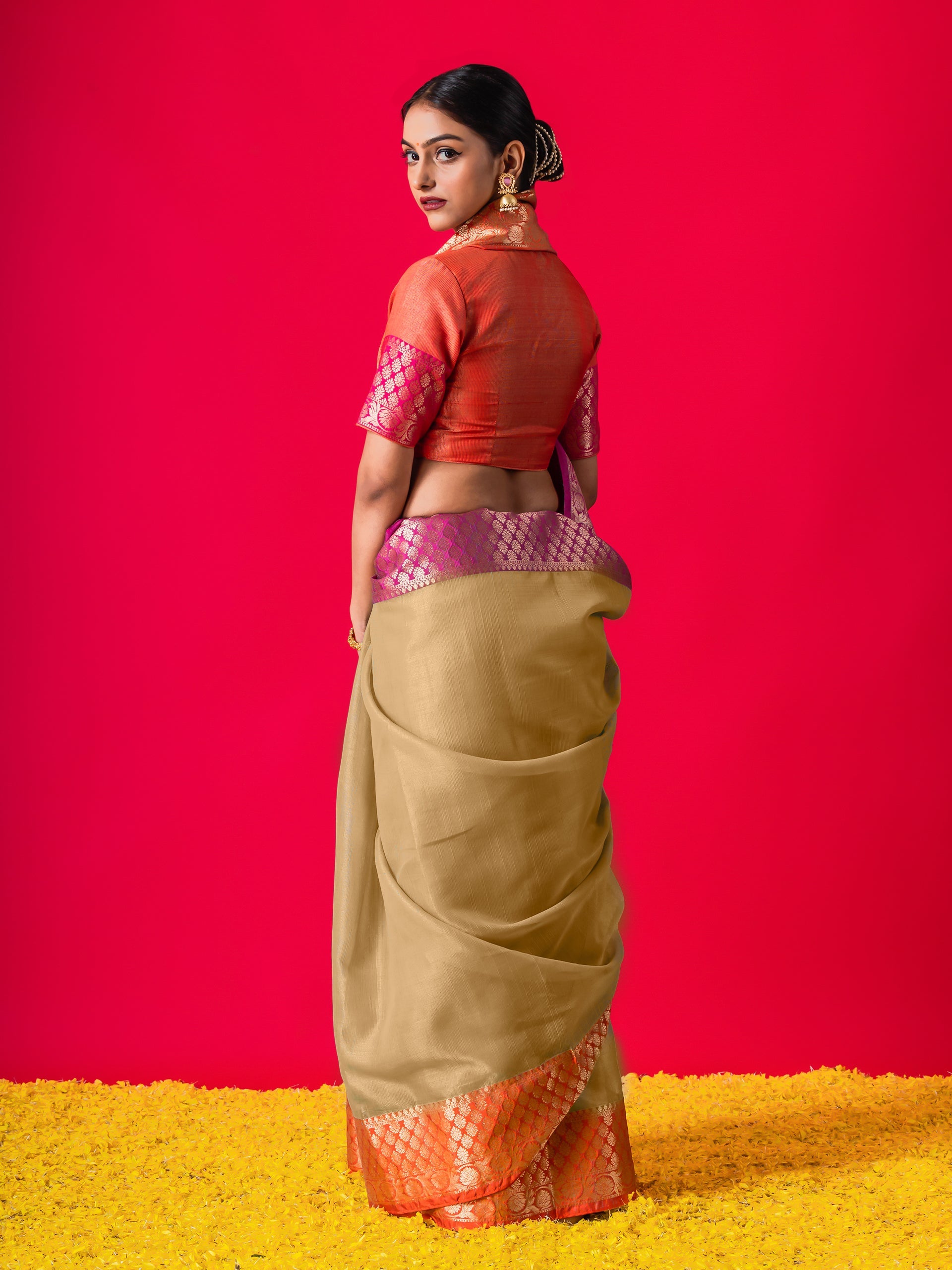 Beige Ganga Yamuna Muga Tissue Saree with blouse fabric