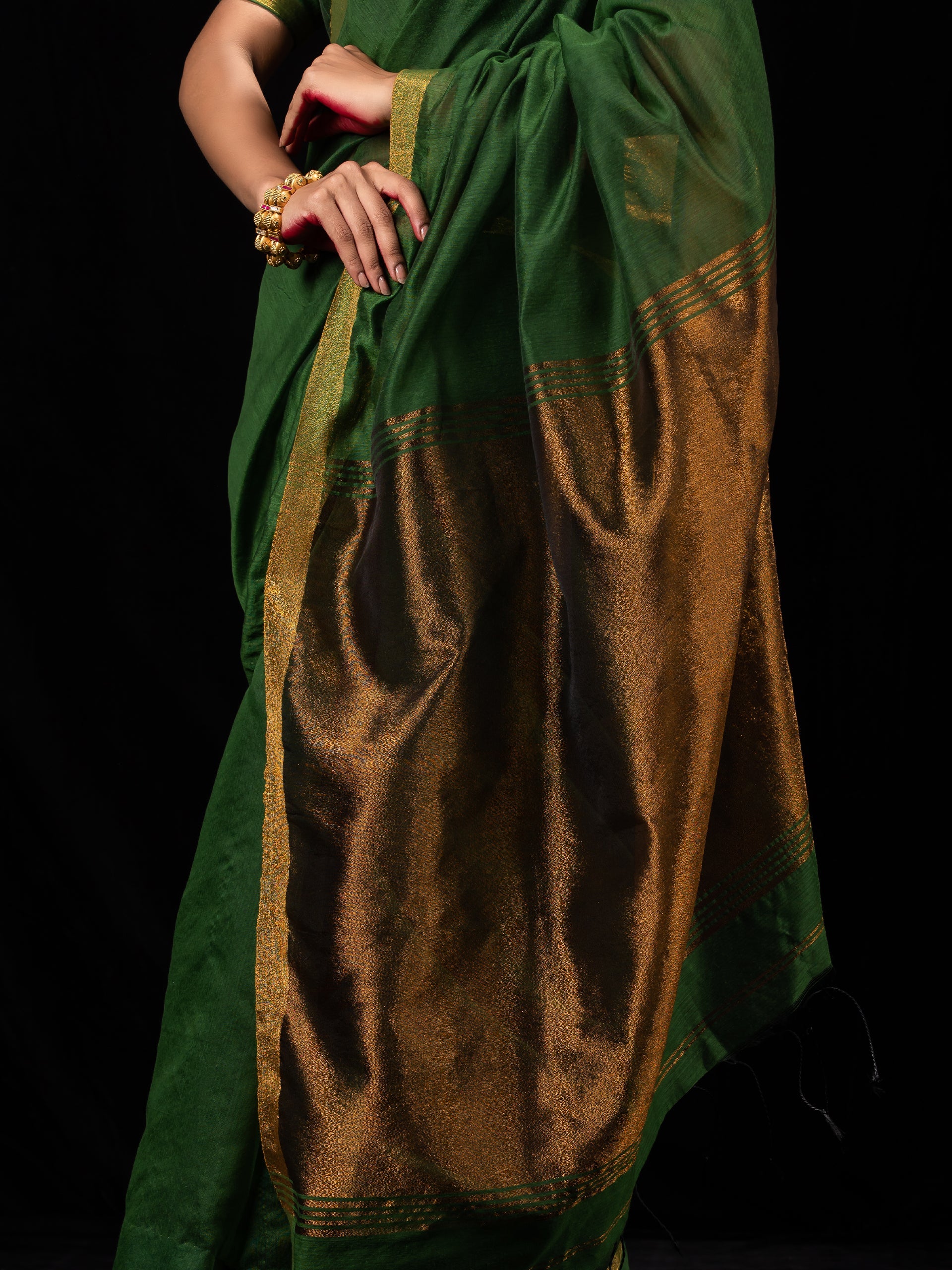 Green & Bronze Cotton Silk Saree with Blouse Fabric