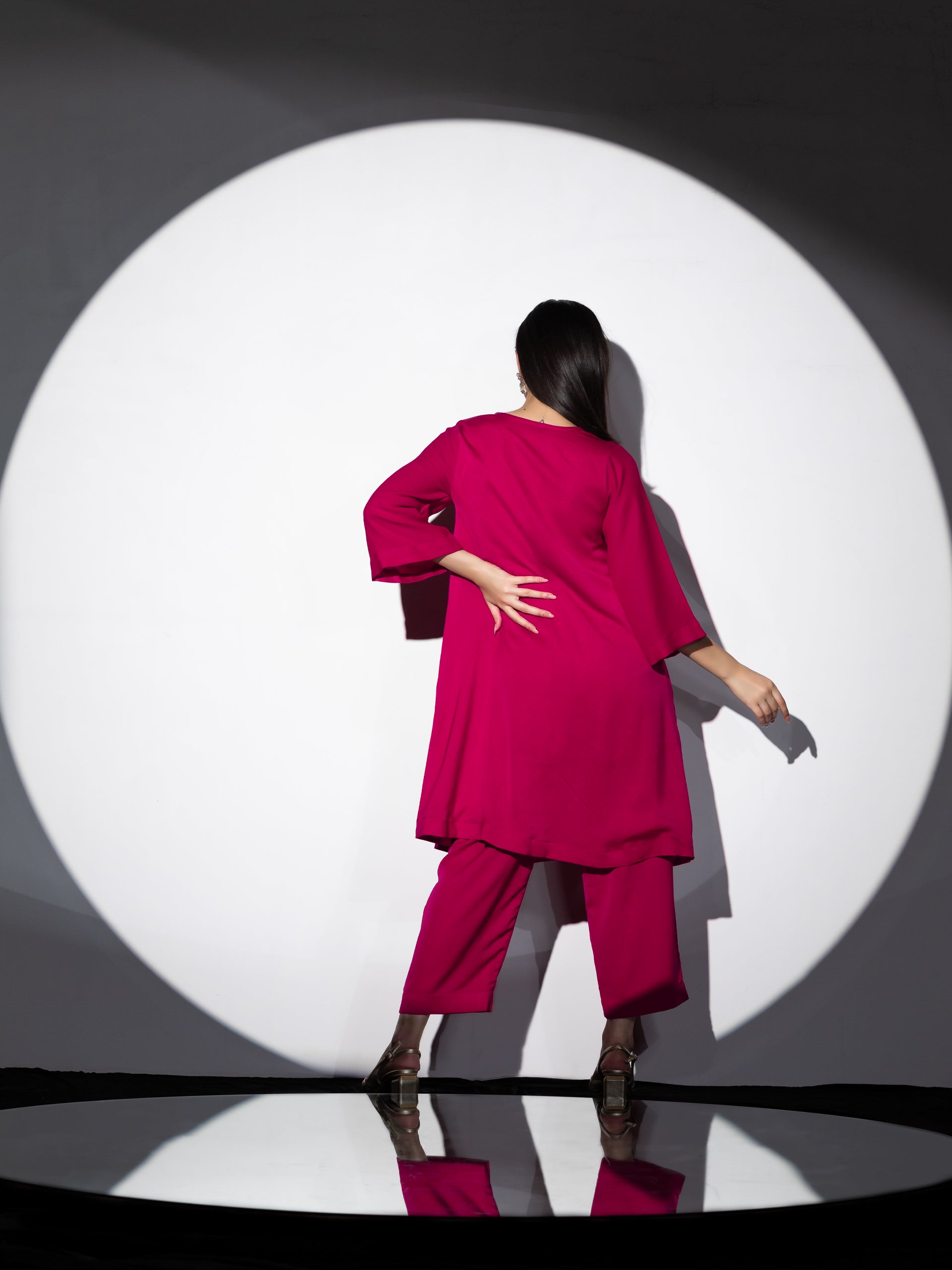 Women's Power Pink Korean Fabric Kurta Set with Glass Beads on Collar and Pants 2 Piece Set | Straight Fit, V Neck, 3/4 Sleeves, Pants, Festive Wear, (Korean Fabric)