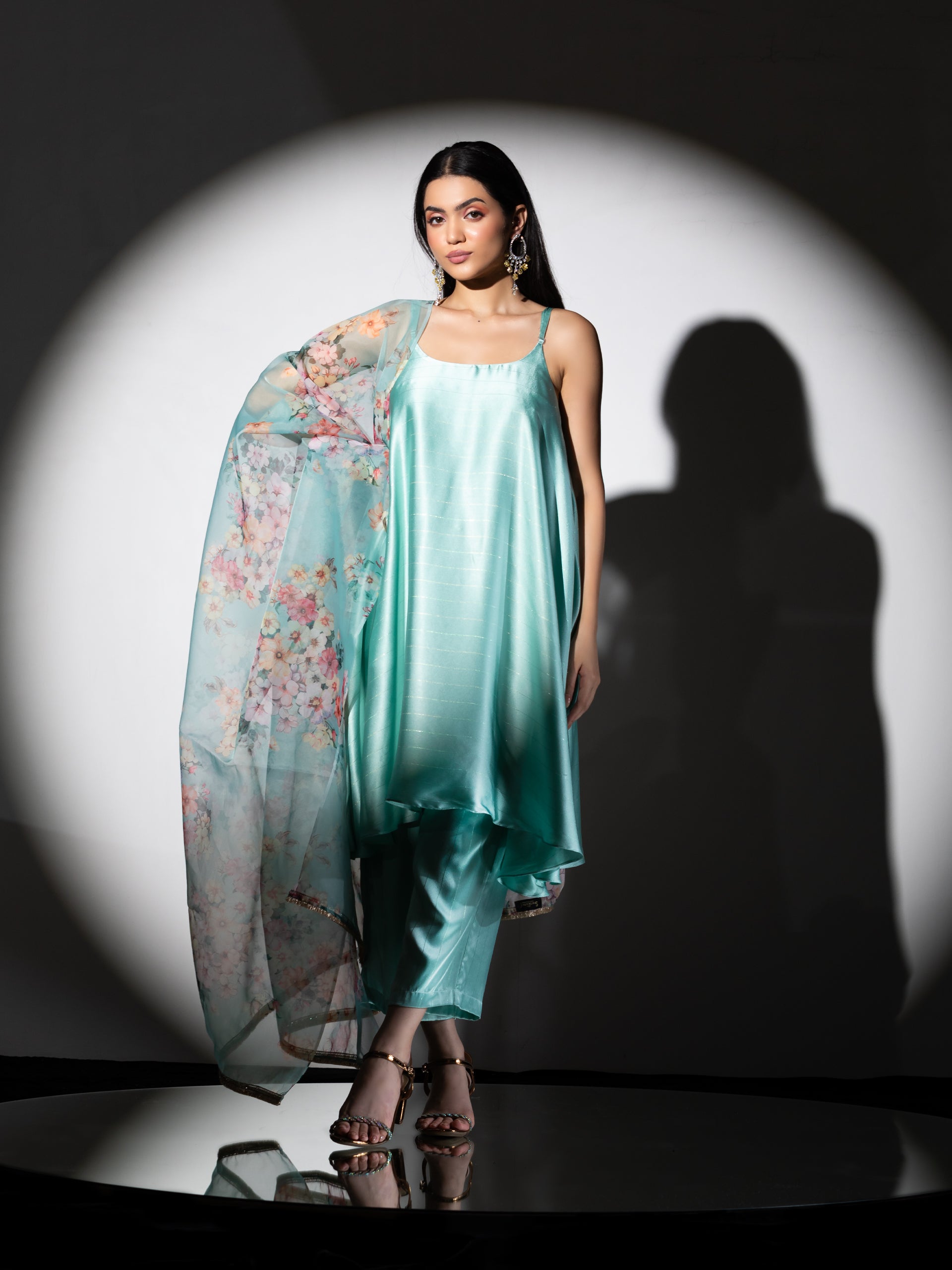 Women's Mint Stripe Satin Dress Set with Pants and Organza Printed Dupatta with Lace 3 Piece Set | Straight Fit, Round Neck, Sleeveless, Pants, Partywear, (Satin Organza)