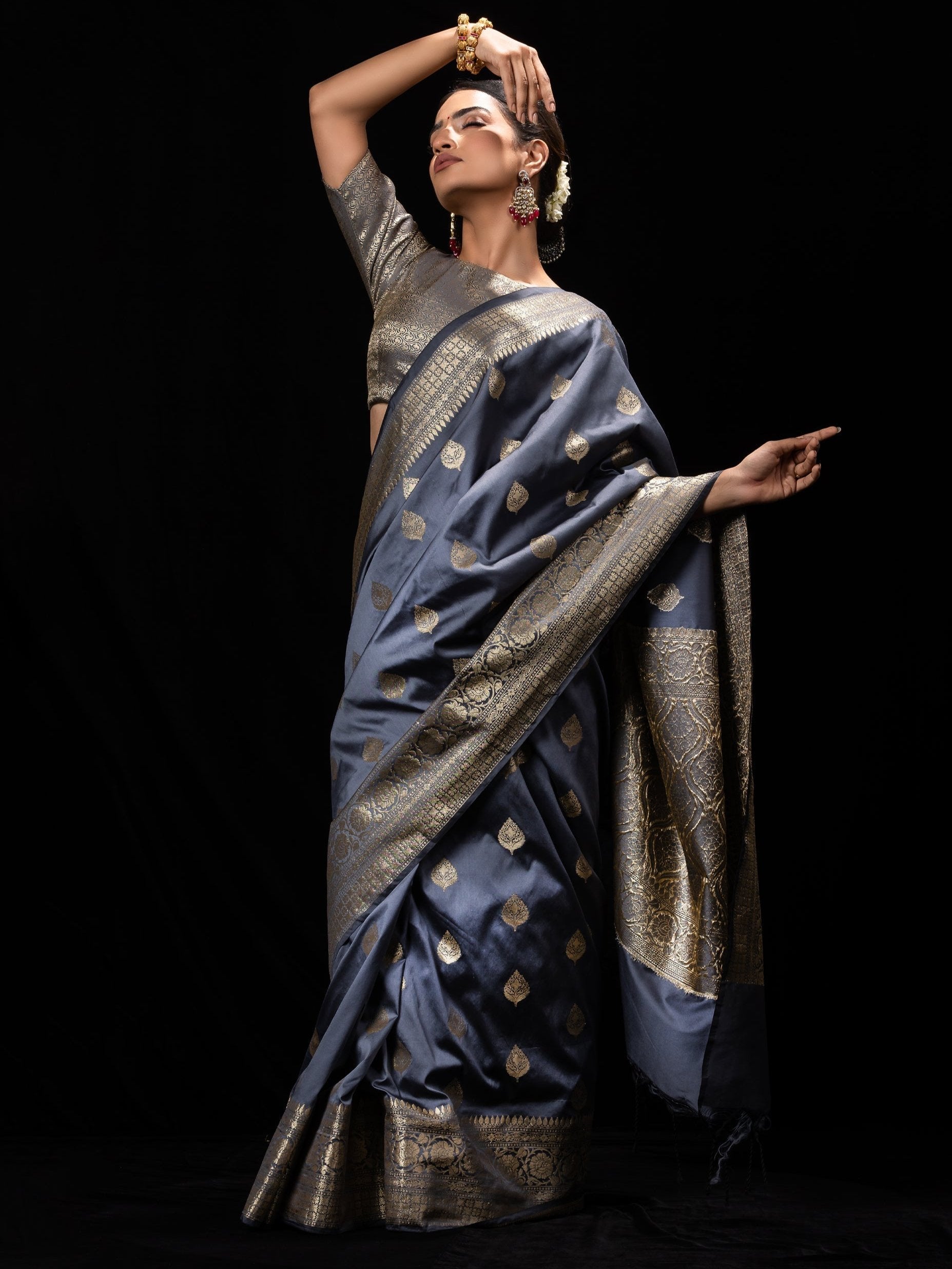 Grey Golden Leaf Muga Silk Saree with Blouse Fabric
