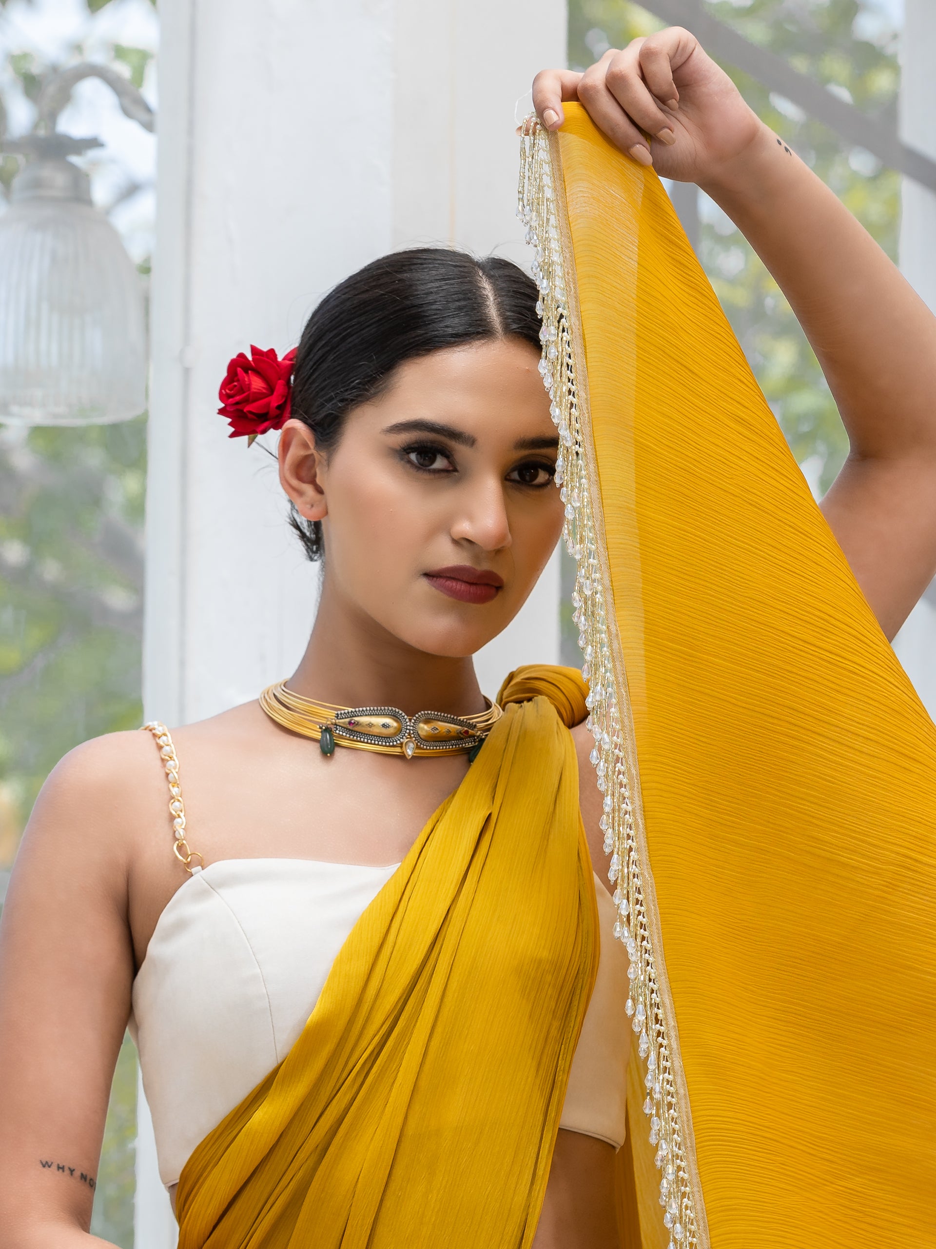 Canary mustard pure chiffon dual shade saree with blouse fabric — view 2