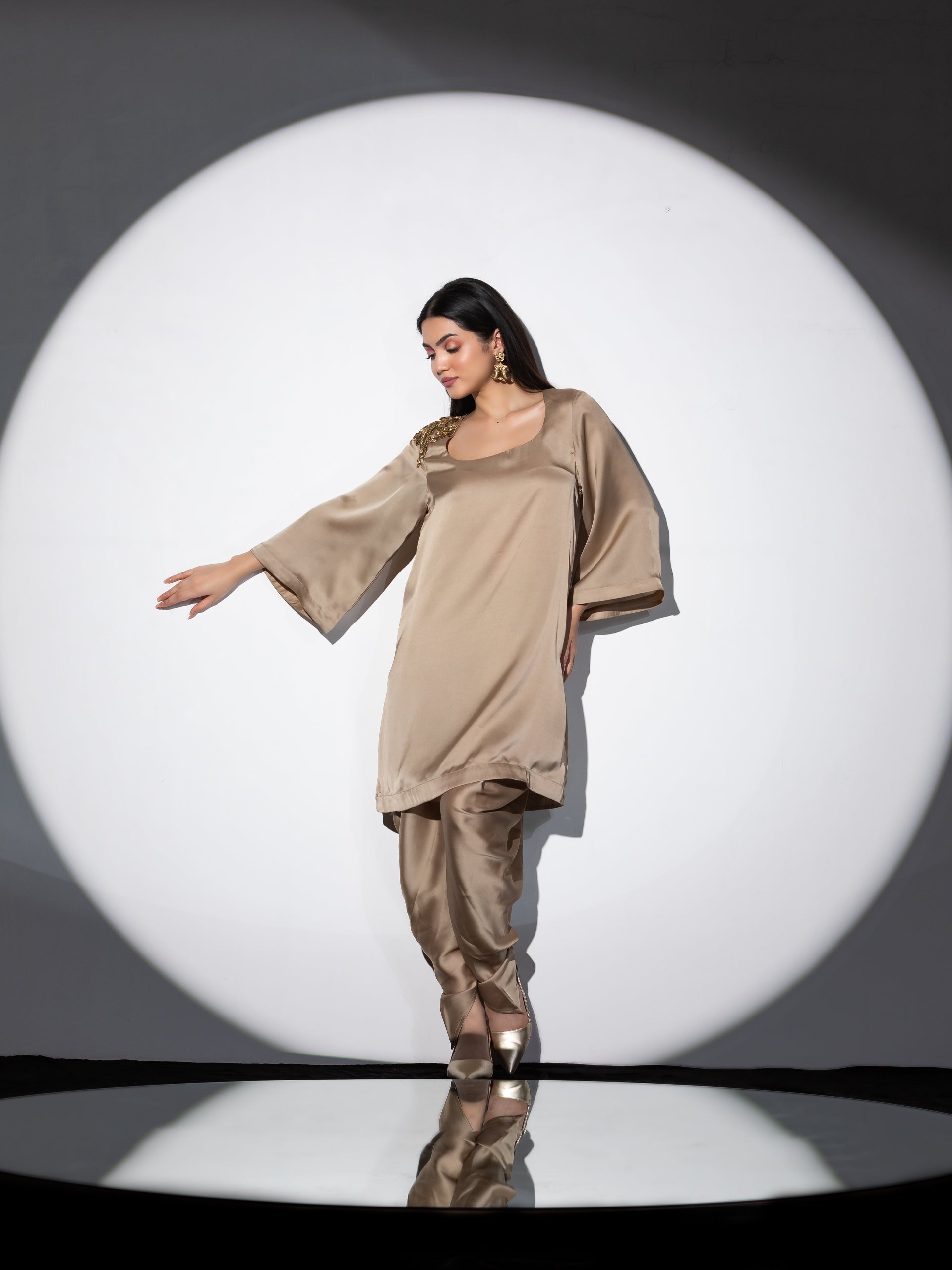 Women's Peanut Bronze Zardozi Shoulder Top Set with Dhoti Pants 2 Piece Set | Straight Fit, Round Neck, Full Sleeves, Dhoti Pants, Partywear, (Satin)